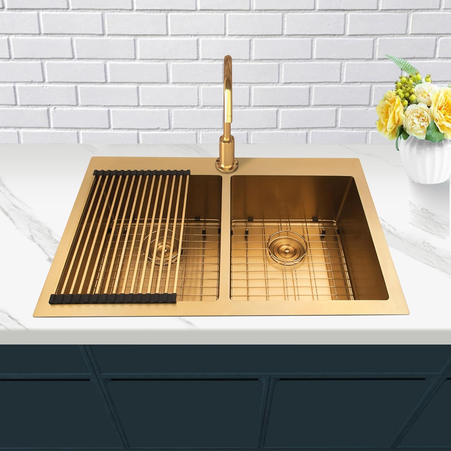 33" x 22" Drop-In Top Mount Kitchen Sink, 50/50 Double Bowl, 16-Gauge Stainless Steel, Brushed Finish, Large Volume with Accessories(Gold, 33" X 22" X 9")