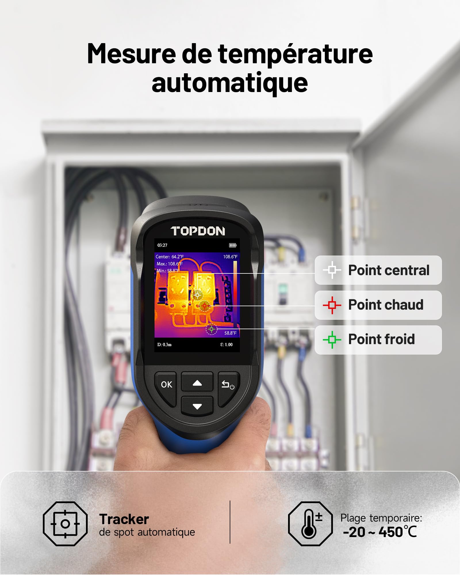TOPDON Caméra thermique TC004 Mini, Résolution IR 240x240, 15 Heures d'Autonomie, -20°C à 450°C, 25Hz, Alertes de Température Auto, pour l'entretien de la maison, l'inspection des fuites, CVC