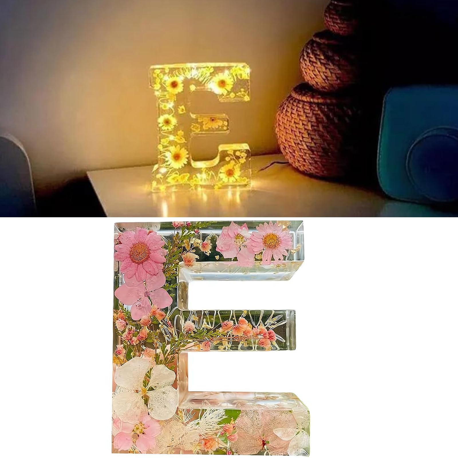 Floral Resin Night Light Letter - Pressed Flower LED Lamp, Personalized Creative Sign for Home, Party, Christmas, Wedding Decor (E)