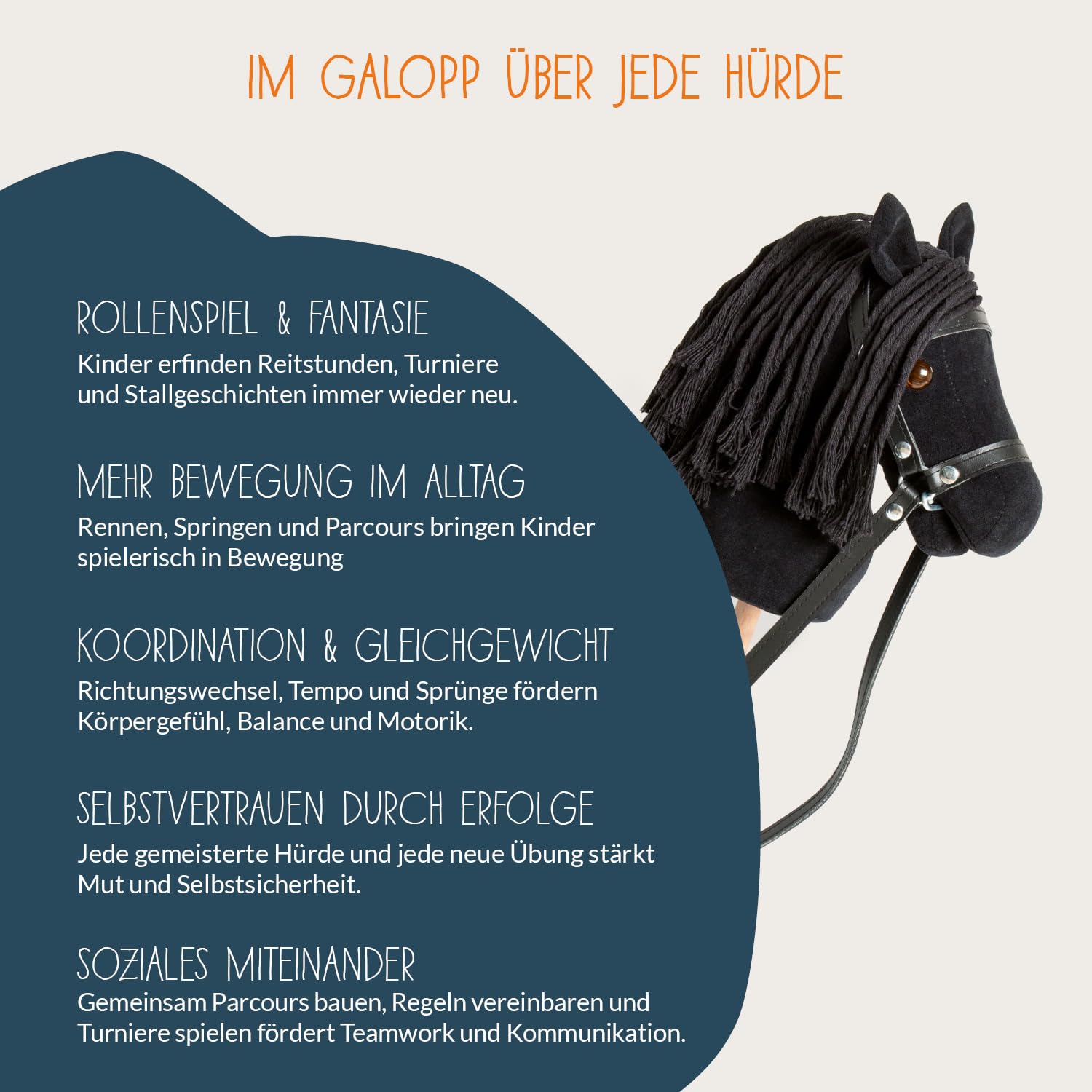 PINOLINO Cavallo in Peluche Spirit Nero, Cavallo su Asta di Legno, Cavallo Bastoncino per Bambini a Partire dai 3 Anni, Giocattolo per Interni ed Esterni, Cavallo da Gioco con Briglia