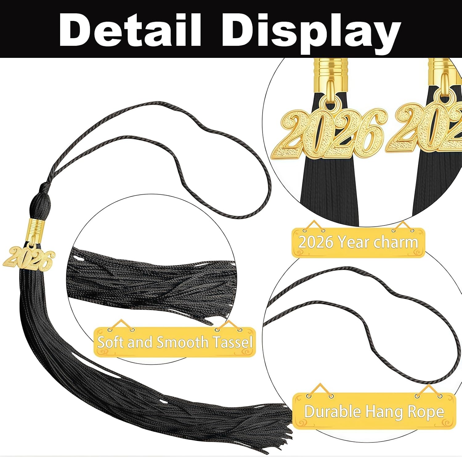 2PCS 2026 Graduation Tassels, 15.6" Black & Black-Gold Tassels with Gold 2026 Charms, Gradutate Long Tassel for Grad Cap, Hat Accessories, Graduation Ceremony & Memorial Decorations