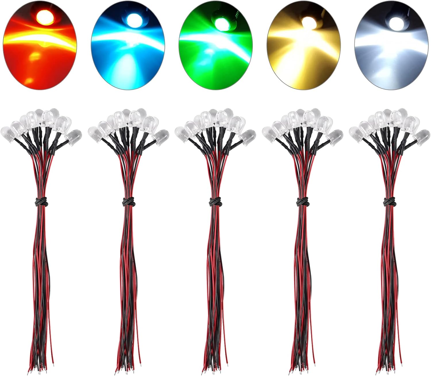 DORHEA 100Pcs 3mm LED Lights Emitting Diodes Pre Wired DC 12V 5 Colors LED Ultra Bright Light Emitting Diodes Clear Lens Assorted Color Kit White Red Yellow Green Blue Small LED Lamps