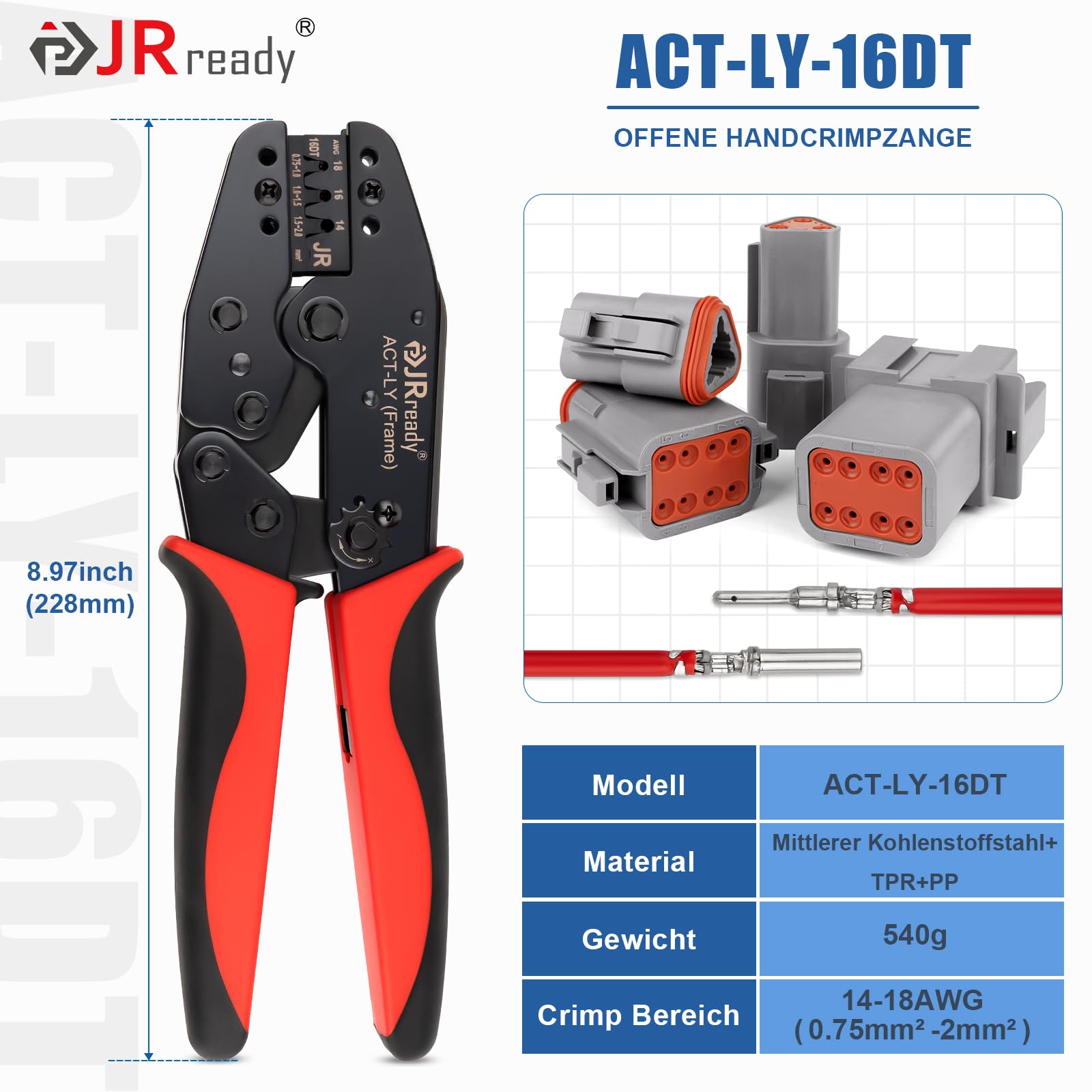 JRready Deutsch Conector Kit 635 PCS Incluyendo Crimping Herramienta DT Conector 2 3 4 6 8 12 Polos IP68 Impermeable Tamaño 16 Deutsch Terminal 14-18 AWG Remoción Herramienta Reparación Automotriz