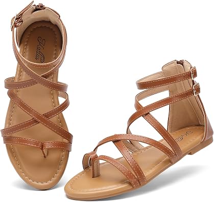 katliu Womens Gladiator Sandals, Strappy Flat Sandals, Dressy Boho Thong Sandals