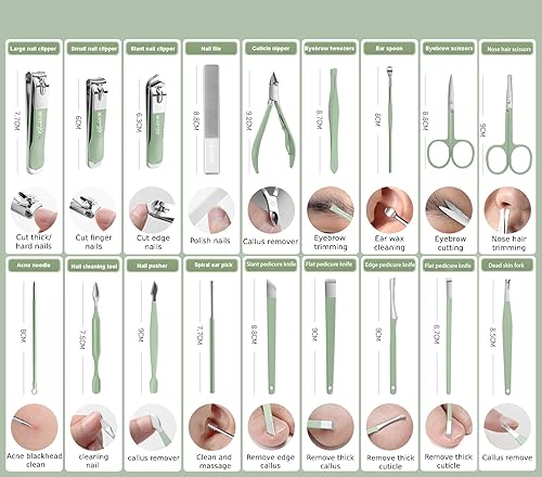 Miniatura 6 de Juegos de manicura profesional y kits de pedicura, 18 piezas de acero inoxidable, kits de aseo con estuche de viaje de cuero (verde)