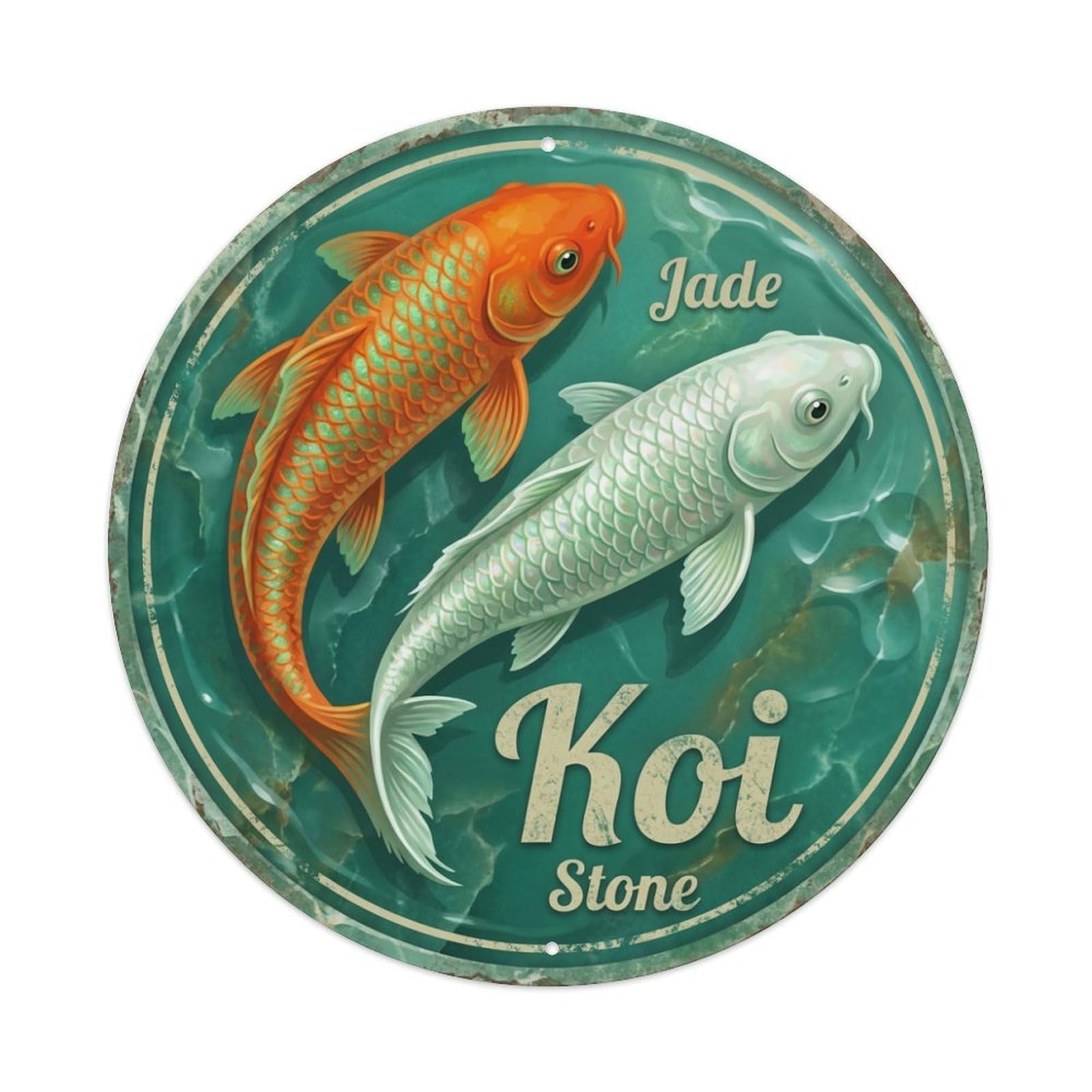 Koi Fish Jade Stone Waters Green Gem Precious Mineral Metal Tin Sign