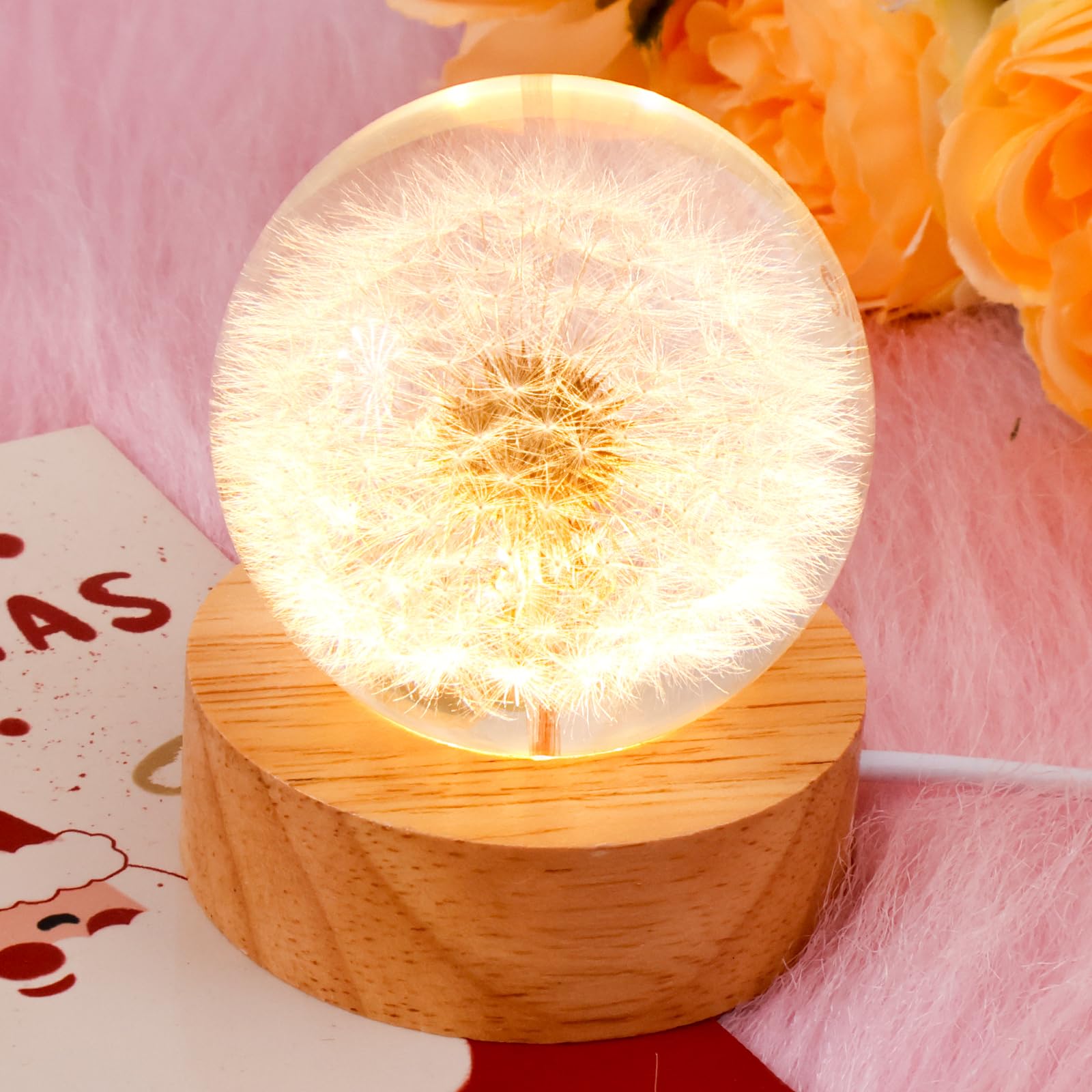 Flower Crystal Ball Night Light, USB Powered Glass Ball Night Lamp with Wooden Base, Fancy Crystal LED Night Light, Decorations Gifts for Men, Women, Kids, Boys, Girls, Teens(Dandelion Ball)