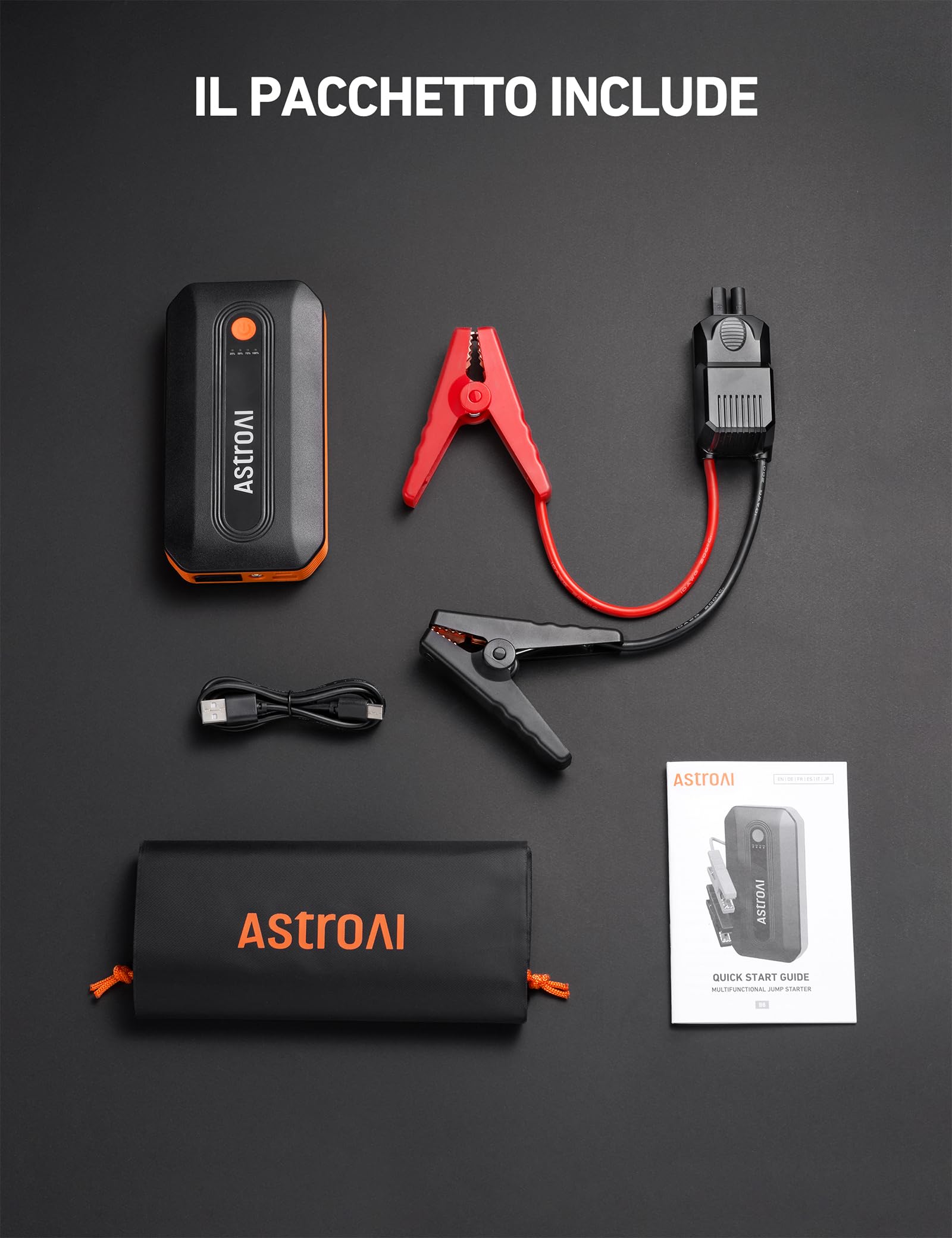 AstroAI B8 Booster Avviamento, Avviatore di Emergenza per Auto/Moto 12V (7,0L Benzina / 5,5L Diesel) Avviatore Batteria Auto Portatile con Torcia LED&USB, Power Bank