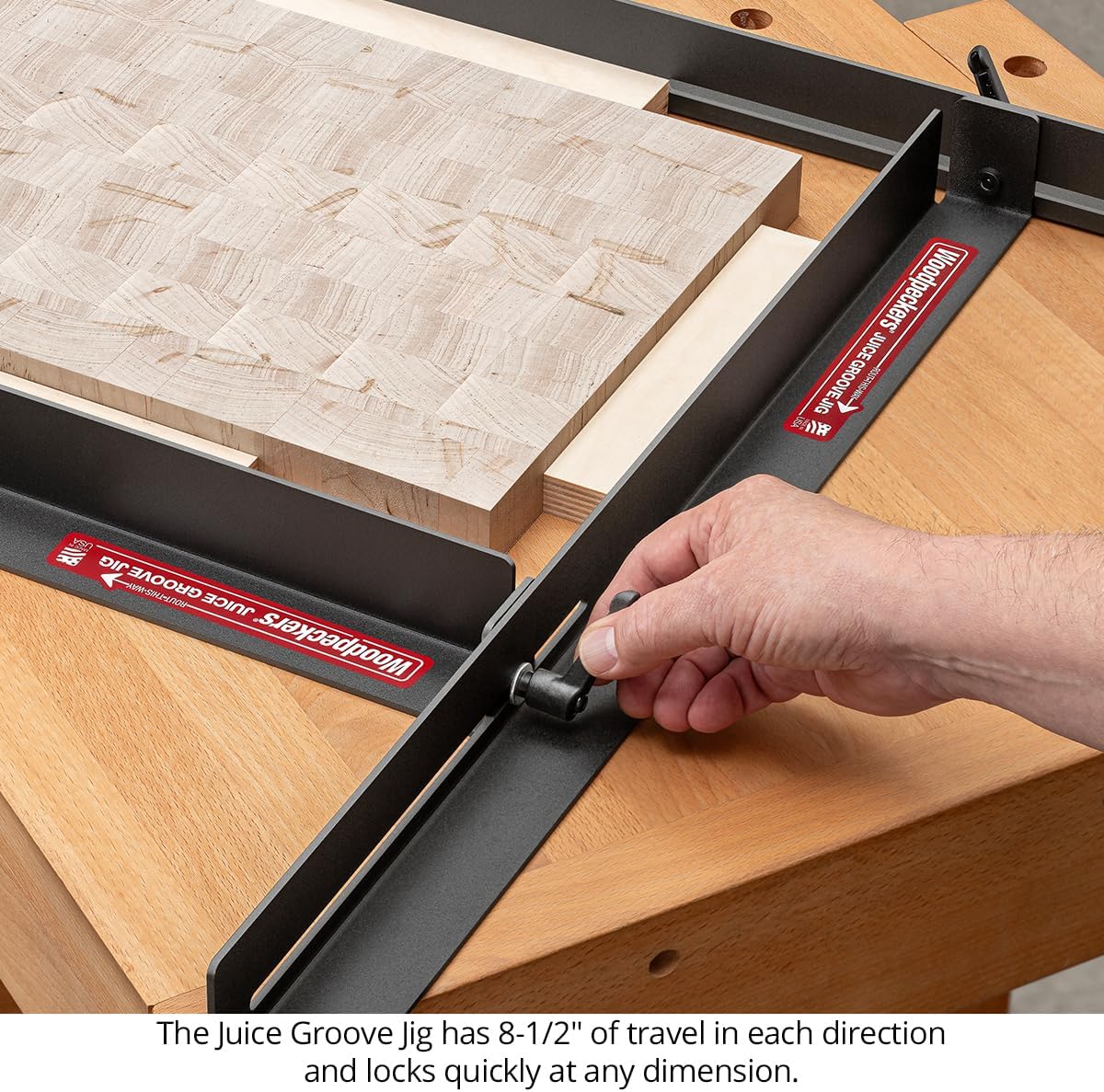 Woodpeckers Juice Groove Jig – Adjustable Router Jig for Cutting Board Juice Grooves, Fits 10-1/4" to 18-3/4" Boards, Powder-Coated Steel Rail Design – Made in USA JGJ