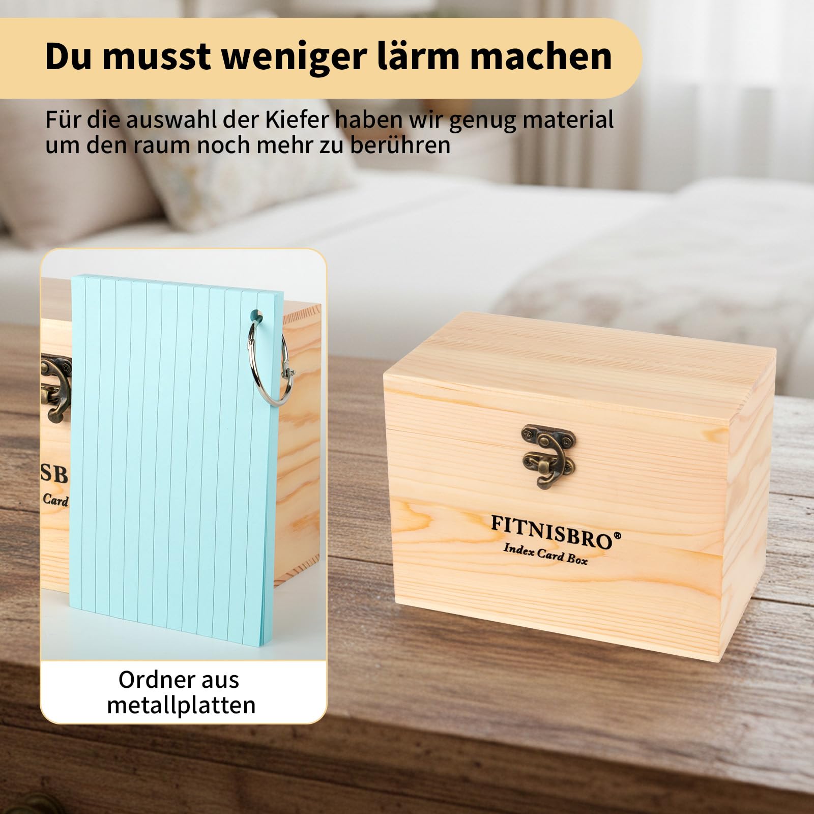 Karteikarten Box A6, 17.5 x 10 x 13cm Pinienholz KarteikartenBox, 300 linierte Notizblätter im Lieferumfang enthalten, 12 Register 6 Ringen 2 Aufkleber,für Vokabeln, Lernnotizen, Rezepte