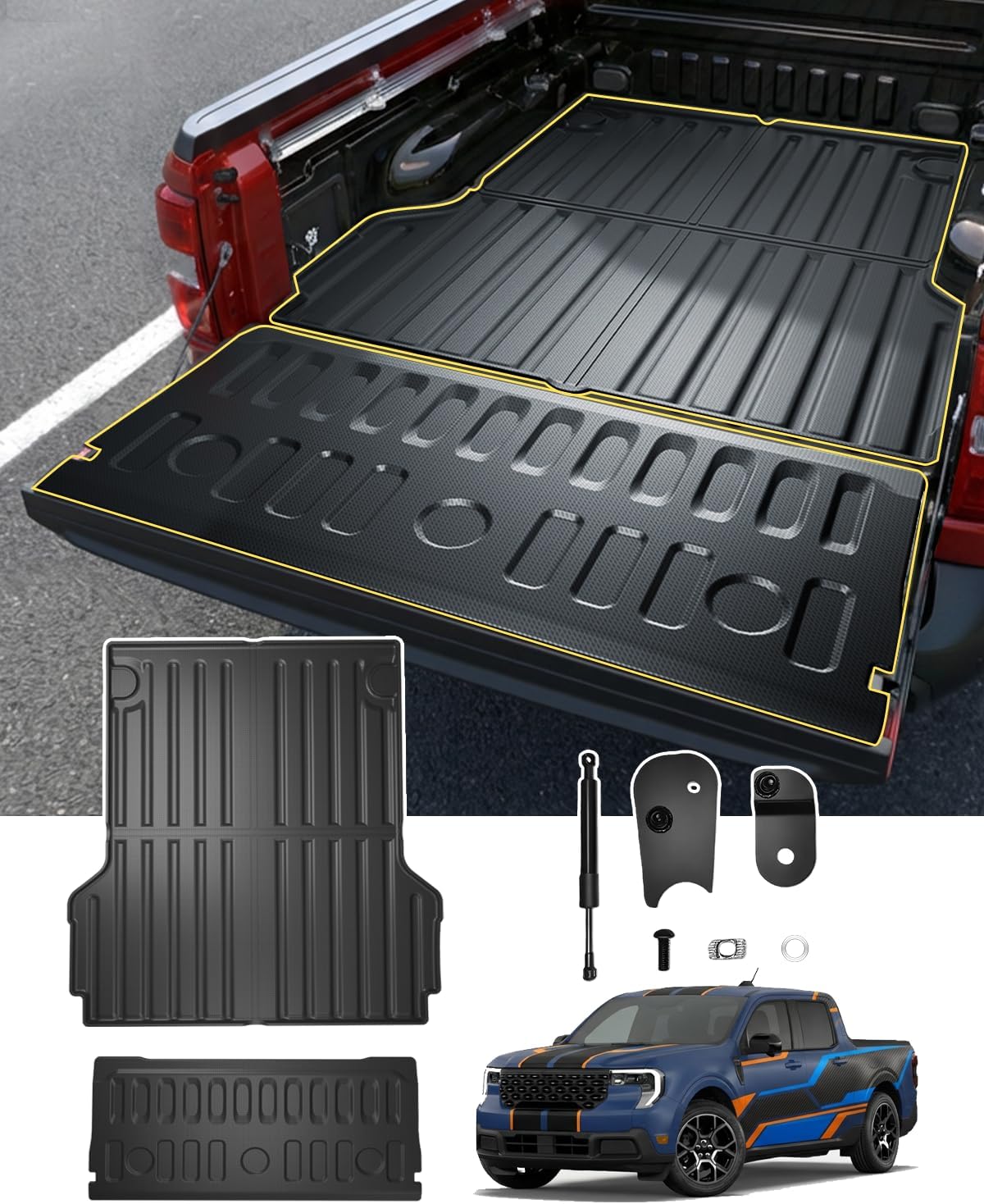 PWY Bed Mat & Tailgate Mat Replacement for Ford Maverick(2022-2026, 4.5 Ft), All Weather Truck Mat,TPE Heavy Duty Bed Liner with Tailgate Mat & Assist