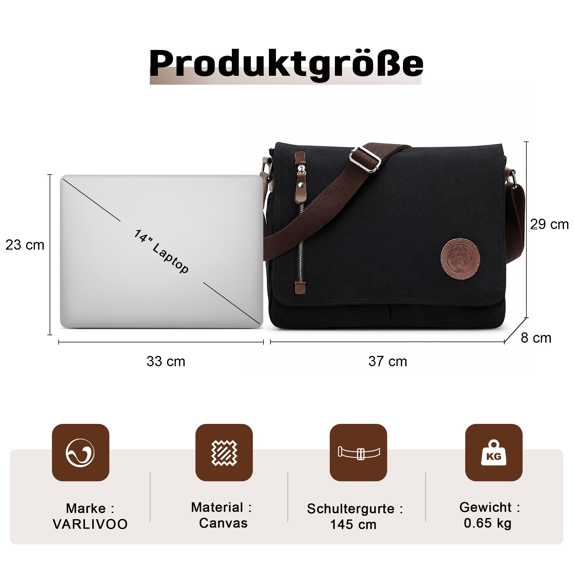 VARLIVOO Umhängetasche für Herren Schultertaschen 14" Zoll Laptoptaschen Messenger Bags Kuriertasche Taschen Camping Arbeiten Schule Segeltuch Schwarz