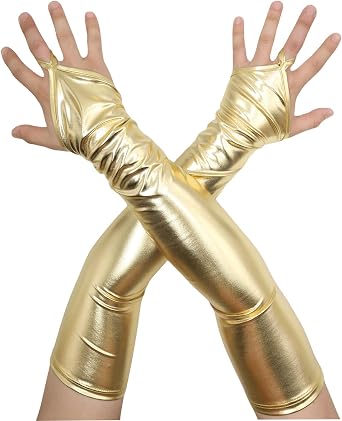 Aniler Mens and Womens Shiny Metallic Costume Wet Look Gloves 19" Length Fingerless Halloween Cosplay 1980s Party Gloves
