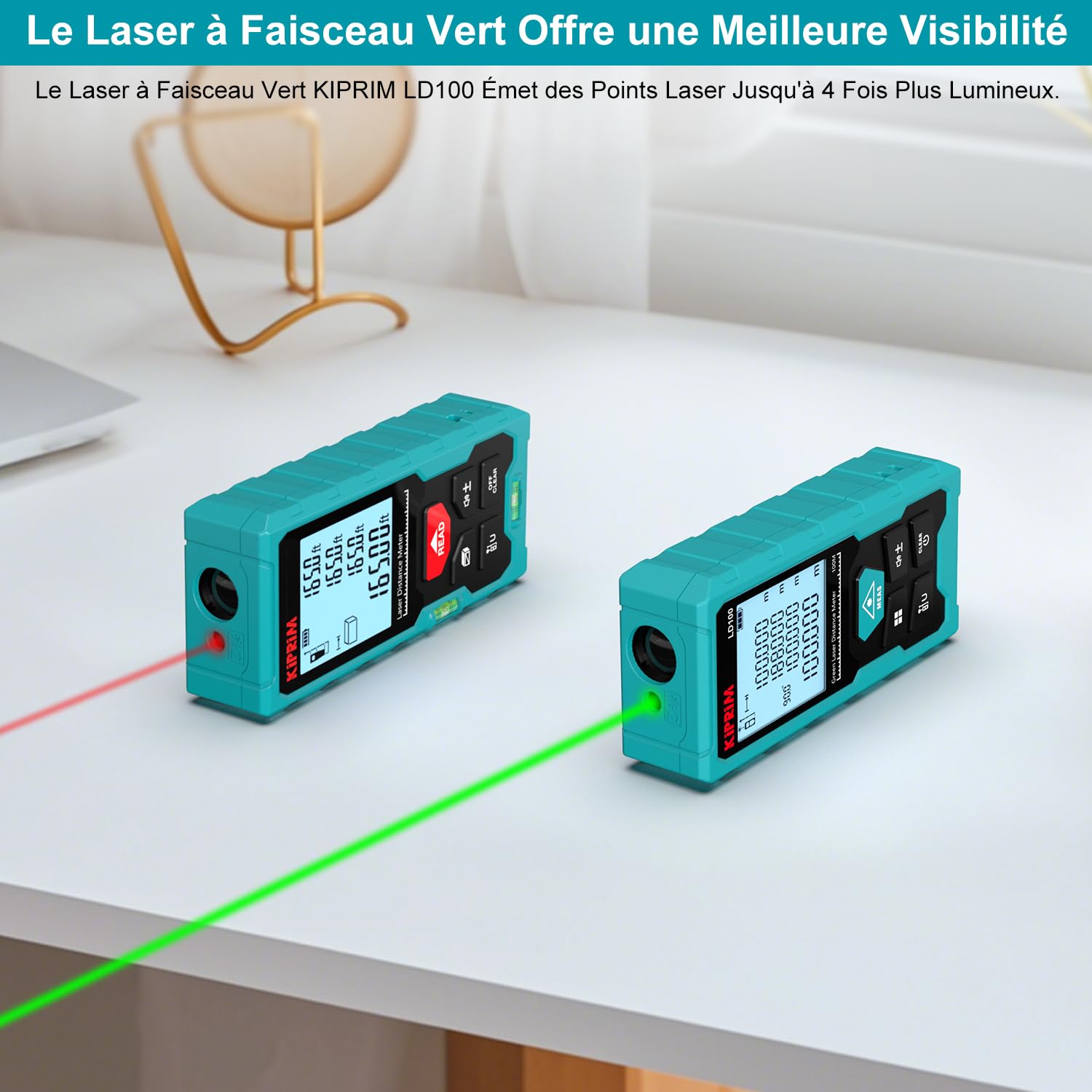 Kiprim Télémètre Laser Vert, 100M Appareil de Mesure Numérique avec Batterie USB Type C, Précision ±2 mm, Niveau Électronique, 10 Modes de Mesure, Laser de Classe II, Plaque Réflectrice, LD100