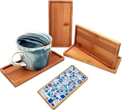 4PCS Mosaic Bamboo Coasters for Crafts, Blank Base Trays, Drinking Cup Coaster, Plant Coaster, Art Plate,DIY Mosaic Supplies Rectangle