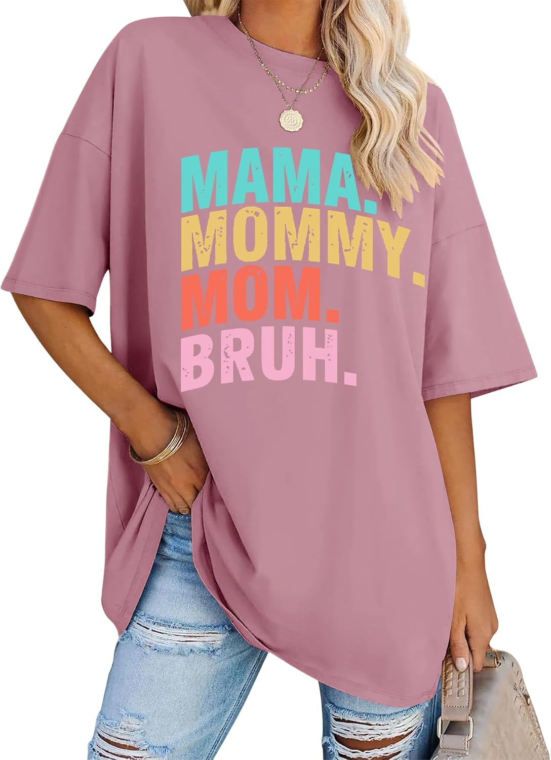 LOMON Oversized T Shirts for Women Short Sleeve Crewneck Summer Tops Loose Casual Mama Shirts Basic Tee