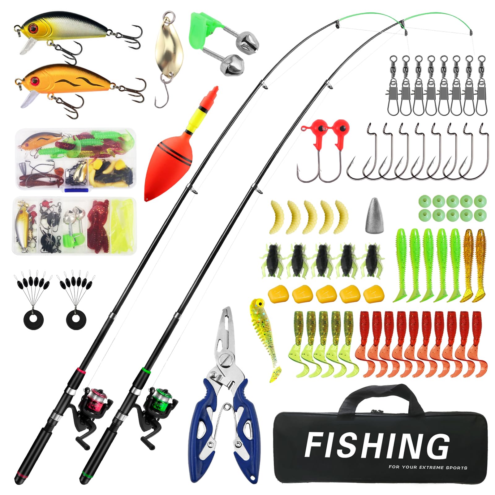 Kids Fishing Pole Set of 2 – Telescopic Fishing Rod and Reel Combo with Fishing Kit Accessories, Lures, Line & Carry Bag, Complete Fishing Set Up for Beginners Saltwater Freshwater (1.8M/5.91FT)