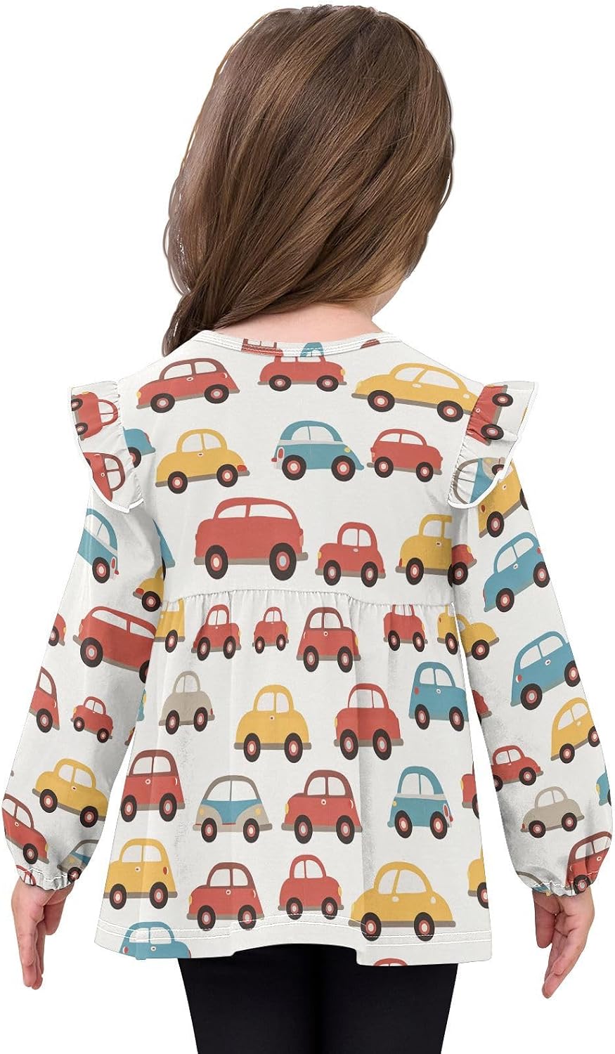 visesunny Toddler Clothes for Girls Cartoon Car Taxi Pattern Long Sleeve Fall Shirts Cotton Top with Ruffle Collar