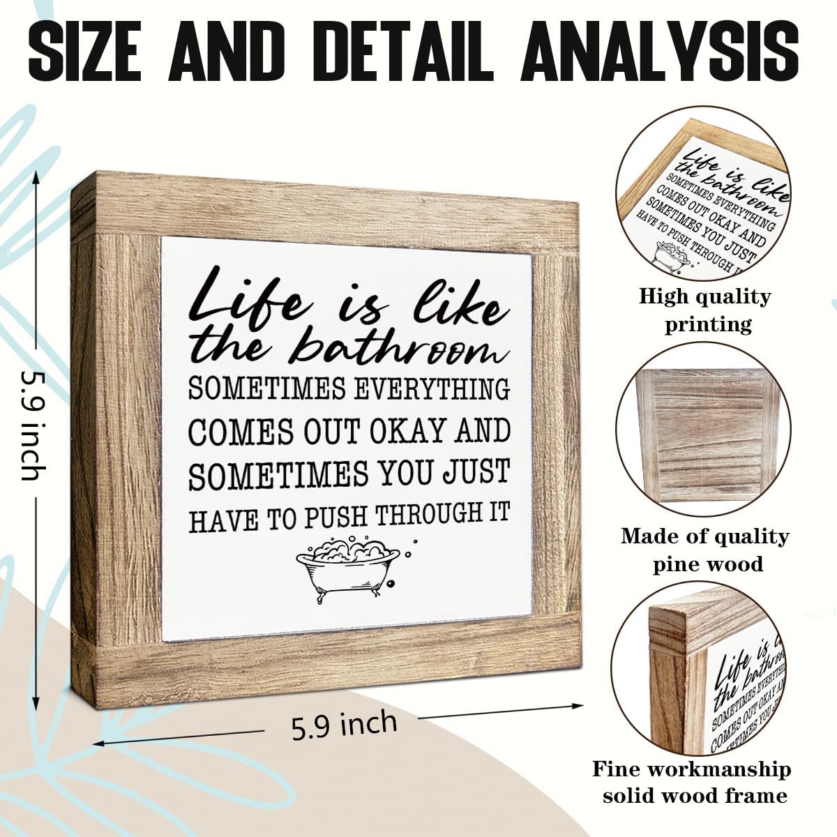 Bathroom Wood Sign, Life is Like the Bathroom Sign, Decorative Signs and Plaques, Humorous Restroom Decor, Farmhouse Tabletop Decors, Rustic Wooden Block Plaque Signs for Home, 5.9X5.9X0.7inches image 2