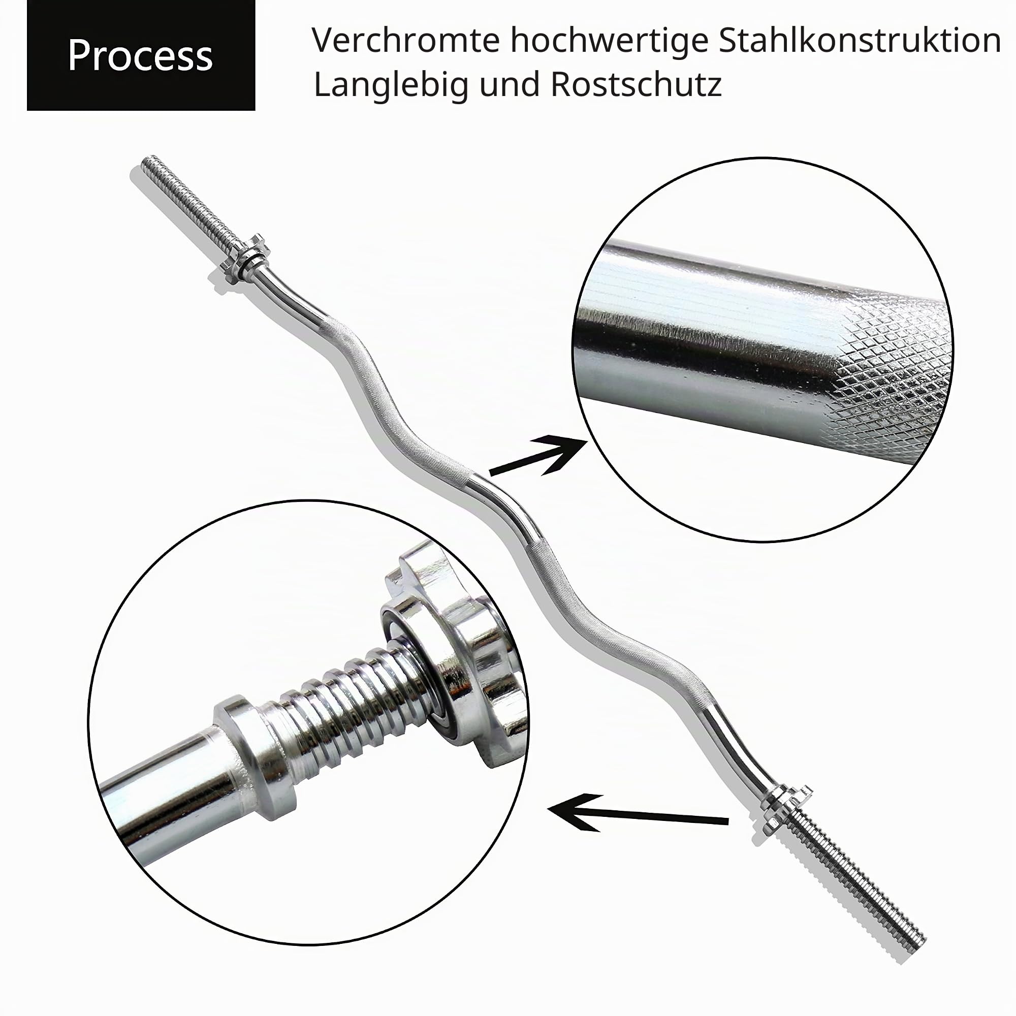 PROIRON SZ Curlstange Länge 120cm, Ø 25mm verchromt & gerändelt, SZ Hantelstange mit Sternverschlüssen, Curl Stange Langhantelstange