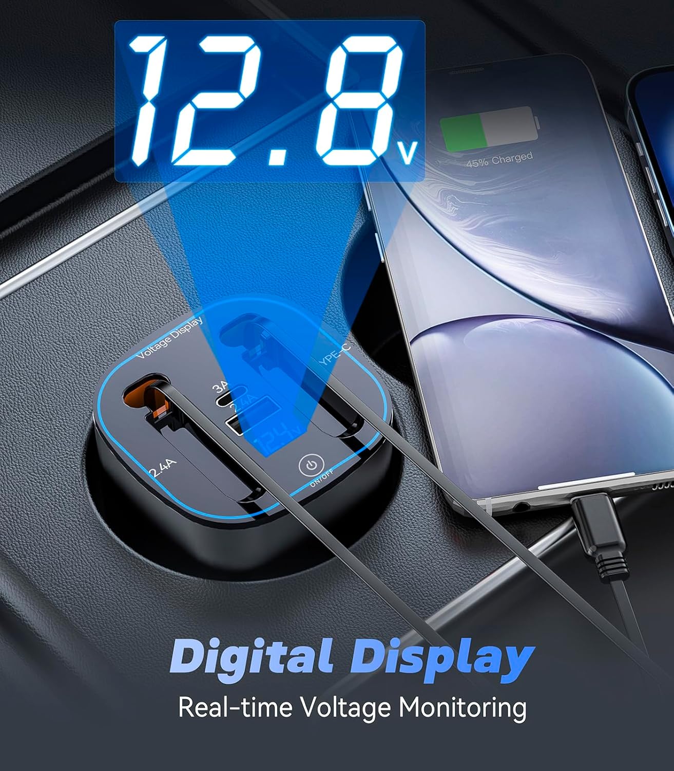120W 4-in-1 Fast Car Charger - Retractable Cable Station with Digital Display, 100W Type-C & Lightning Coils, Universal for All 12V-24V Cigarette Lighter Vehicles