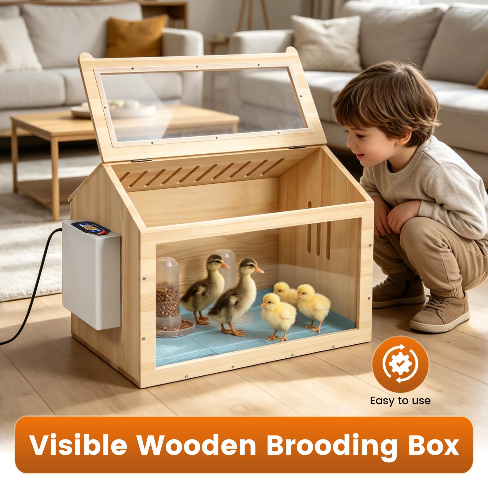 Caja de Cría para Pollitos con Calefacción, Criadoras de Madera con Comedero y Bebedero, Calentadores para Gllineros, Patito, Aves, Gatito, Cachorro, Conejo