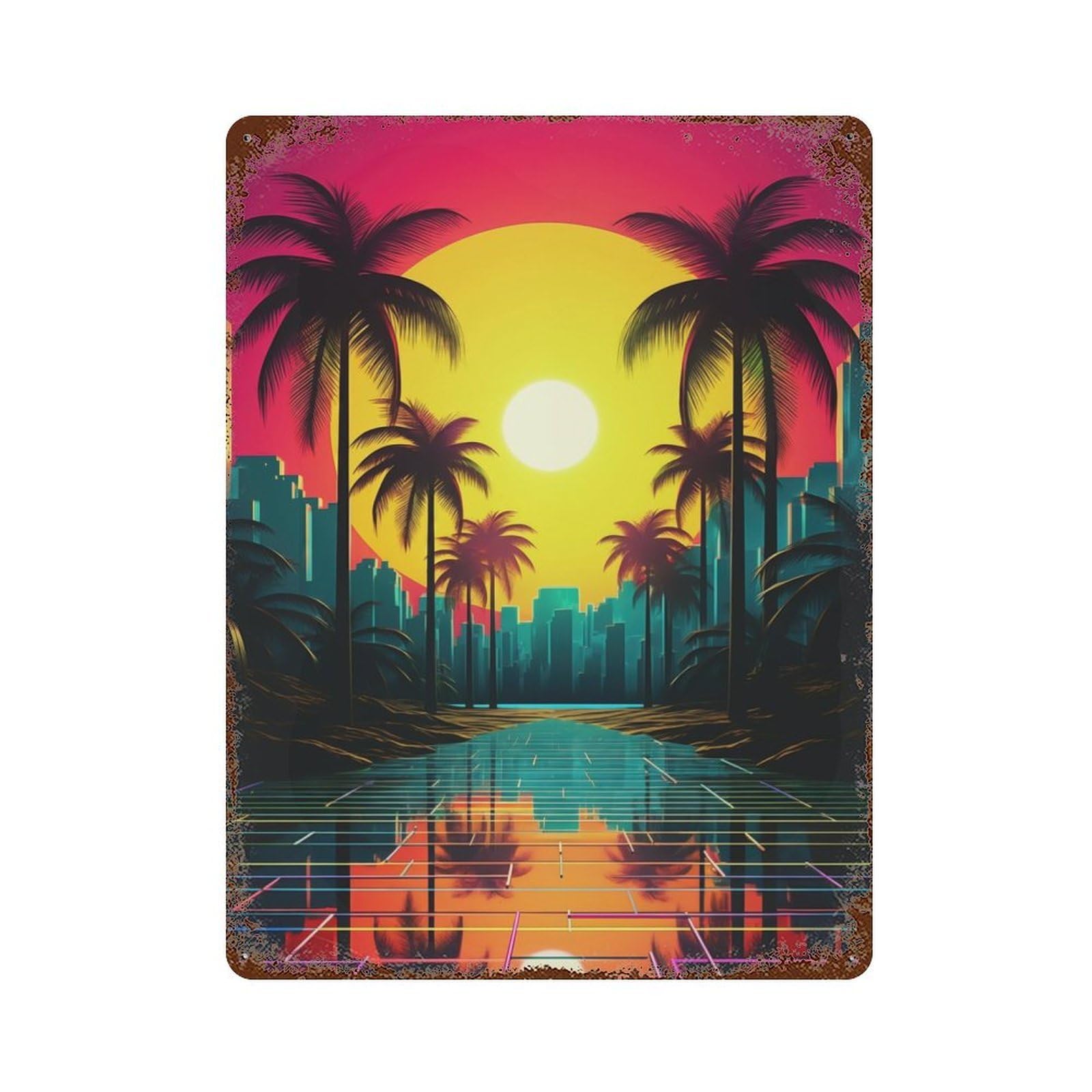Abstract Synthwave Visions Aged Metal Wall Plaque 15.7"x11.8", Farmhouse Wall Decor for Patio, Garden Room And Bar Decor