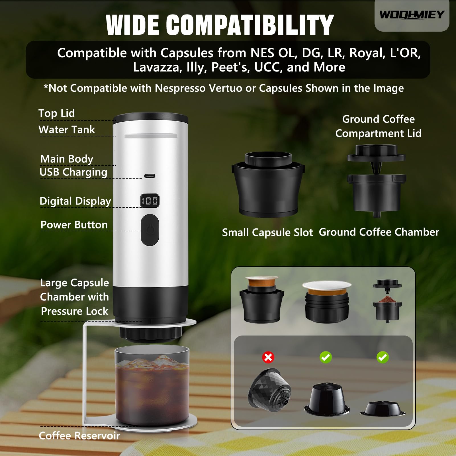 Cafetera eléctrica portátil de cápsulas con autocalentamiento y Pantalla, Recargable, 7800 mAh, Compatible con cápsulas Dolce Gustos y café molido, Ideal para Viajes, Oficina y Hog