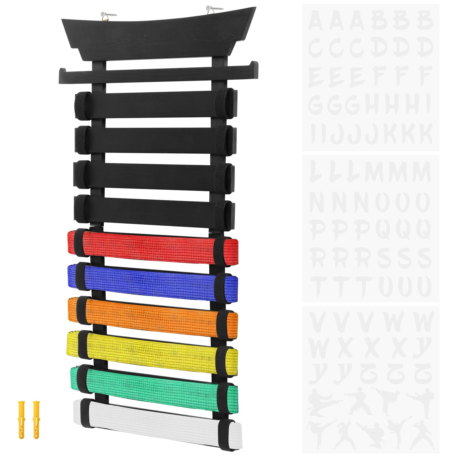 NZWBSHSSP 10 / 12 Belts Karate Belt Display Rack with Medal Hanger and Sticker Taekwondo Belt Display Holder Martial Art Band Organizer for Kid and Adult No Assembly Required(10 Belts)