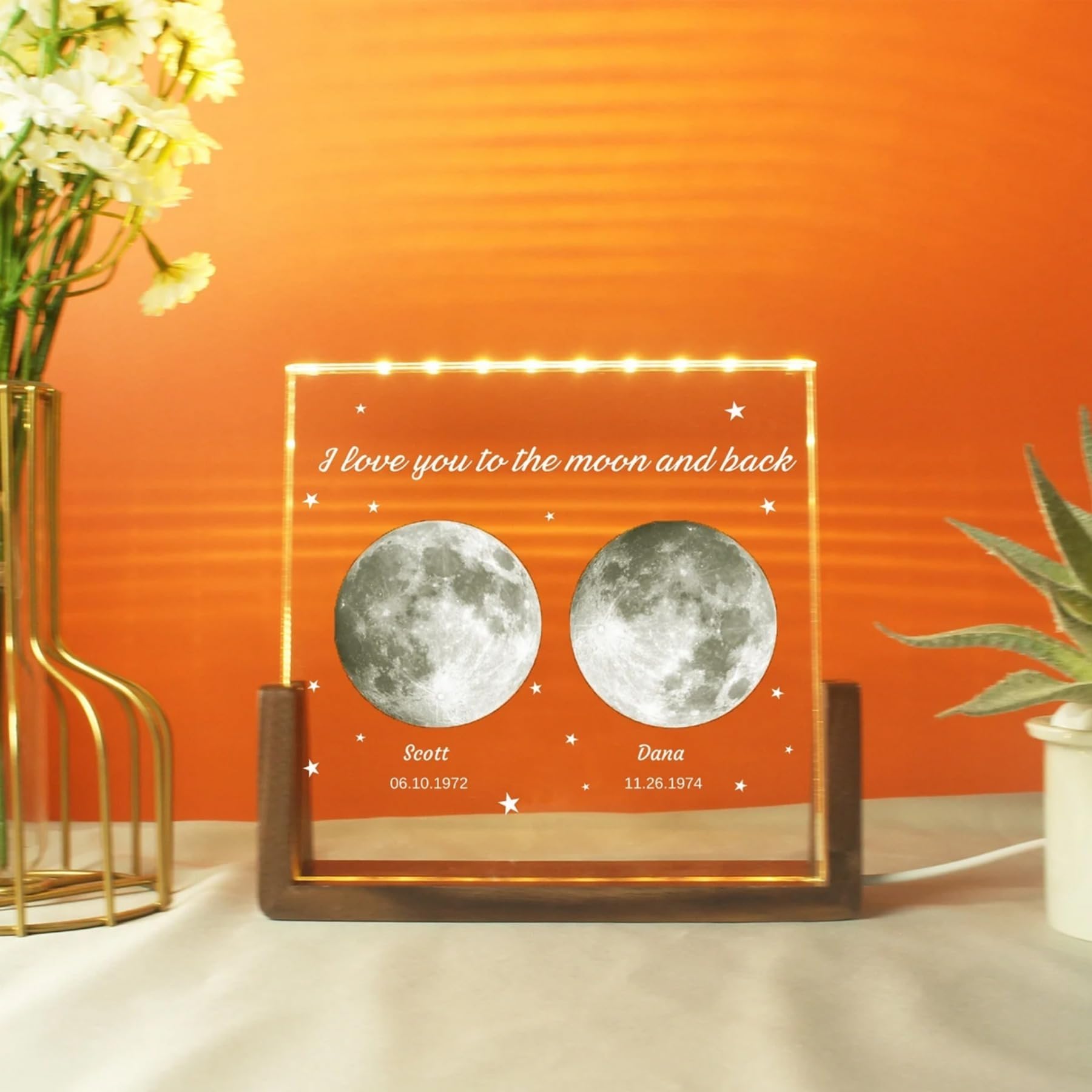 Personalized Moon Phase Crystal Lamp,Engraved Moon Lamp,Custom Moon Crystal Nightlight,The Day You were Born, Gift for Dad (7 Colors Light,20.3 * 15.2cm)