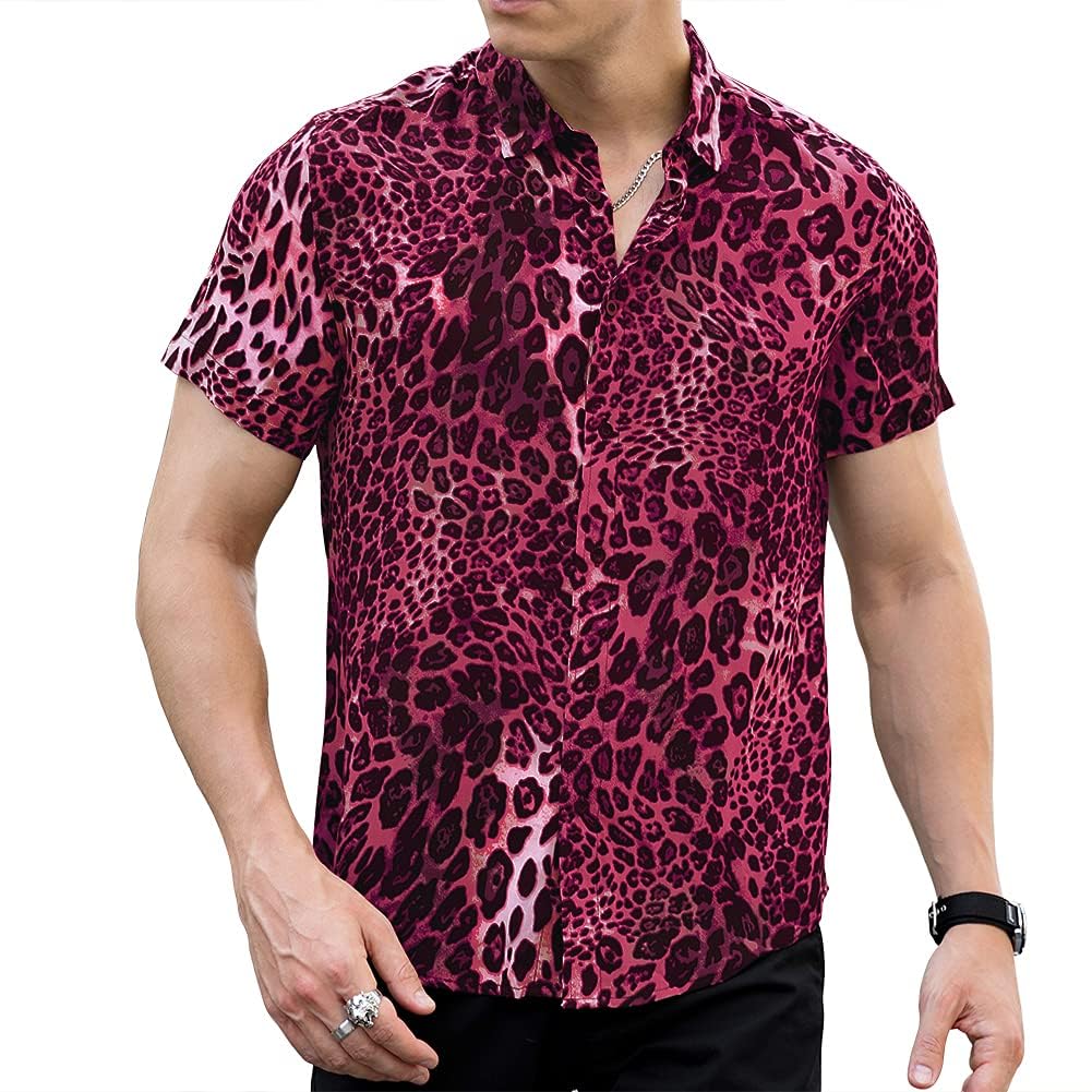 LOGEEYAR Mens Fashion Shirts Leopard Snakeskin Print Button Down Summer Short Sleeve Casual Shirt