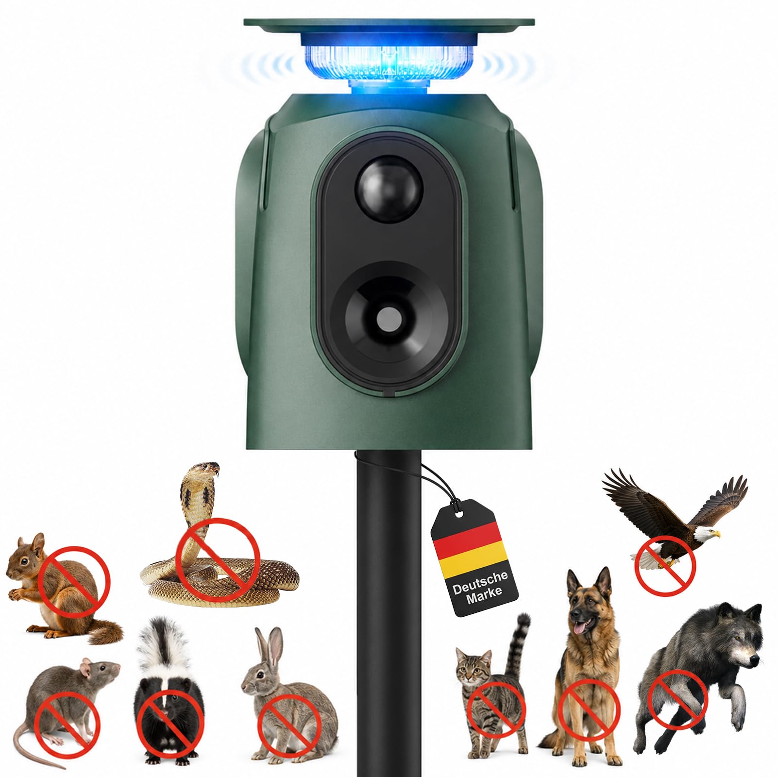 Katzenschreck Ultraschall Solar Tiervertreiber, 360° Marderschreck mit LED-Licht, Katzenabwehr Marderabwehr Garten IP65 Wasserdicht 5 Modus Waschbär Abwehr für Katzen Hunde Marder Mäuse Vögel
