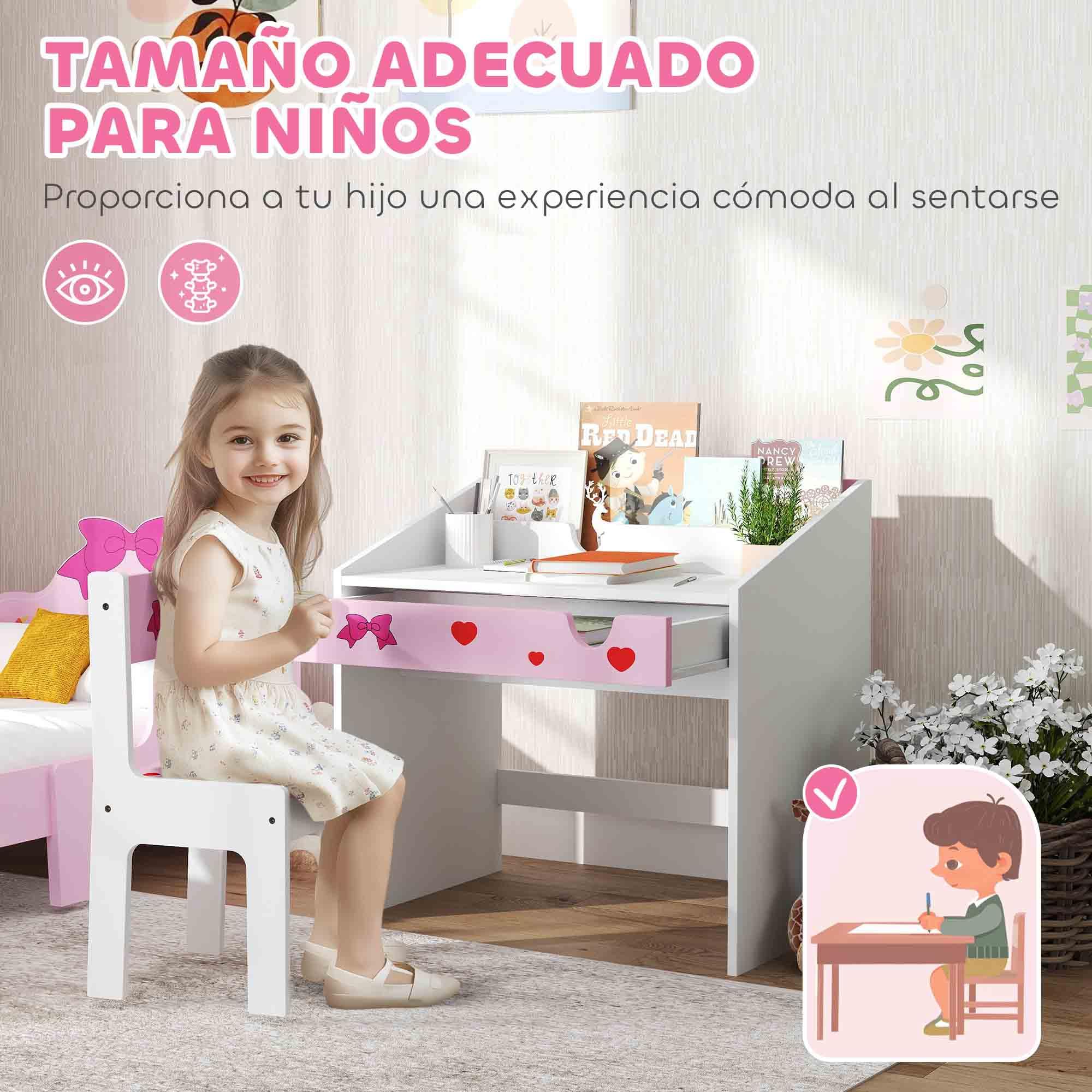 AIYAPLAY Set di scrivania e sedia per bambini +3 anni Scrivania per bambini con cassetto estraibile e scomparto per la camera da letto e la sala studio Rosa e bianco