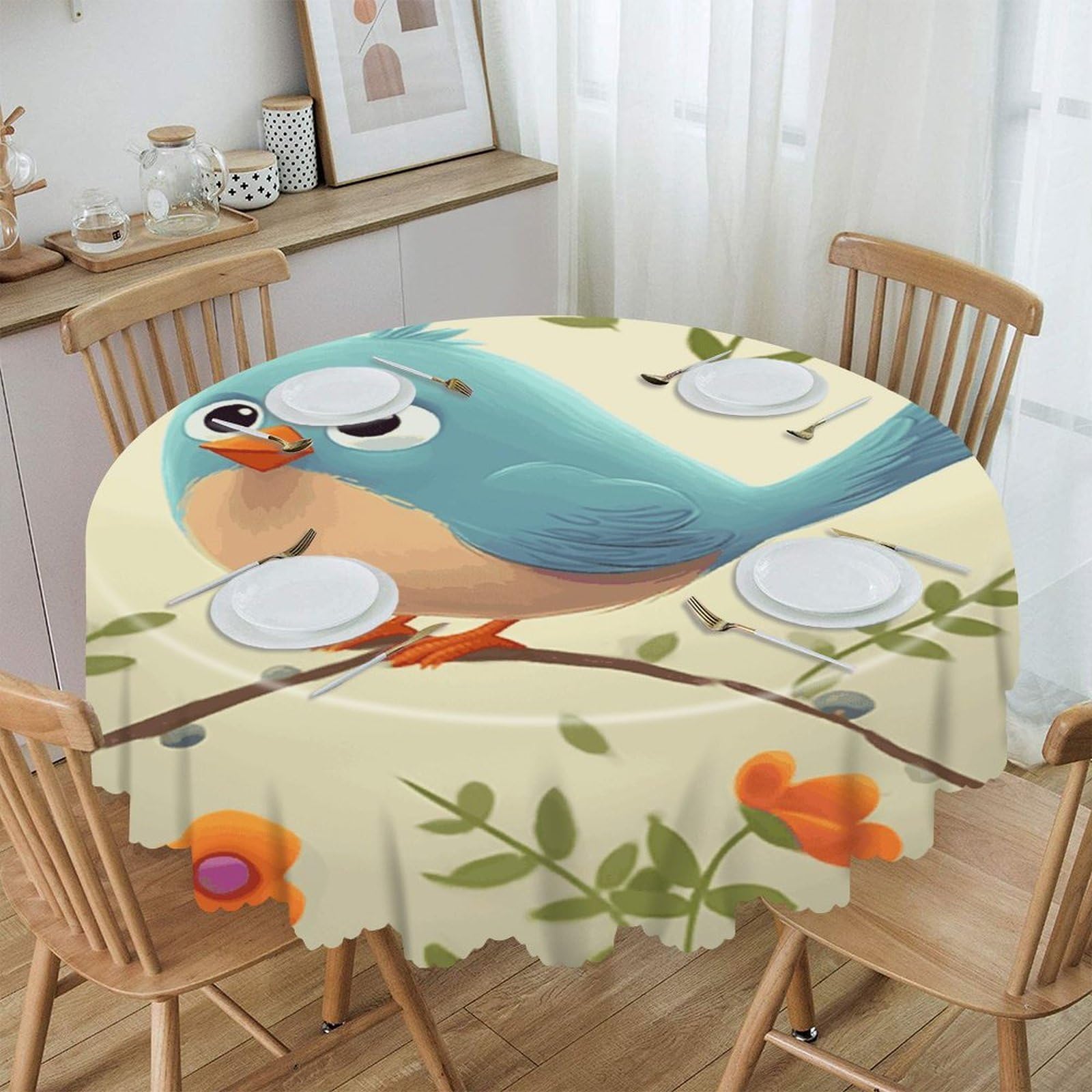 FekiLoot Cute Bird Round Tablecloths 60 Inch Resistant Washable Polyester Table Cloth Style Decorative Circle Fabric Table Cover for Dining Kitchen Party Farmhouse Outdoor