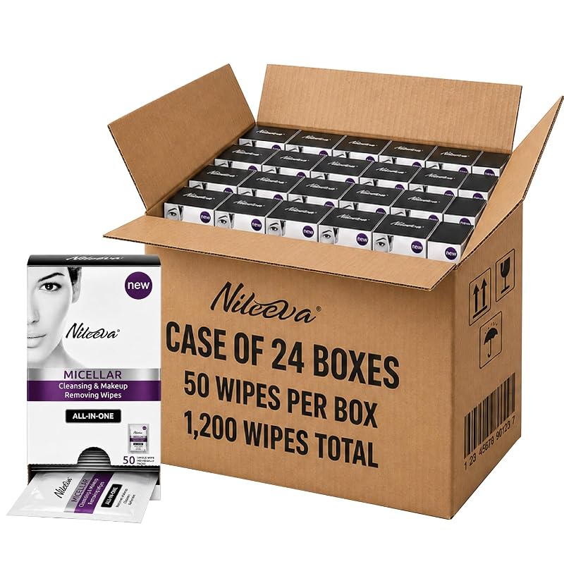Lenços de Limpeza Facial Micelares Nileeva, Uso Único, 1.200 Unidades em 24 Caixas com 50 Lenços