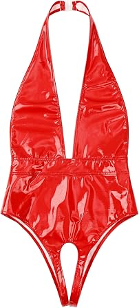 Kaerm Women's Sexy Leather Wet Look Lingerie Bodysuit Halter Neck Backless Leotard Catsuits