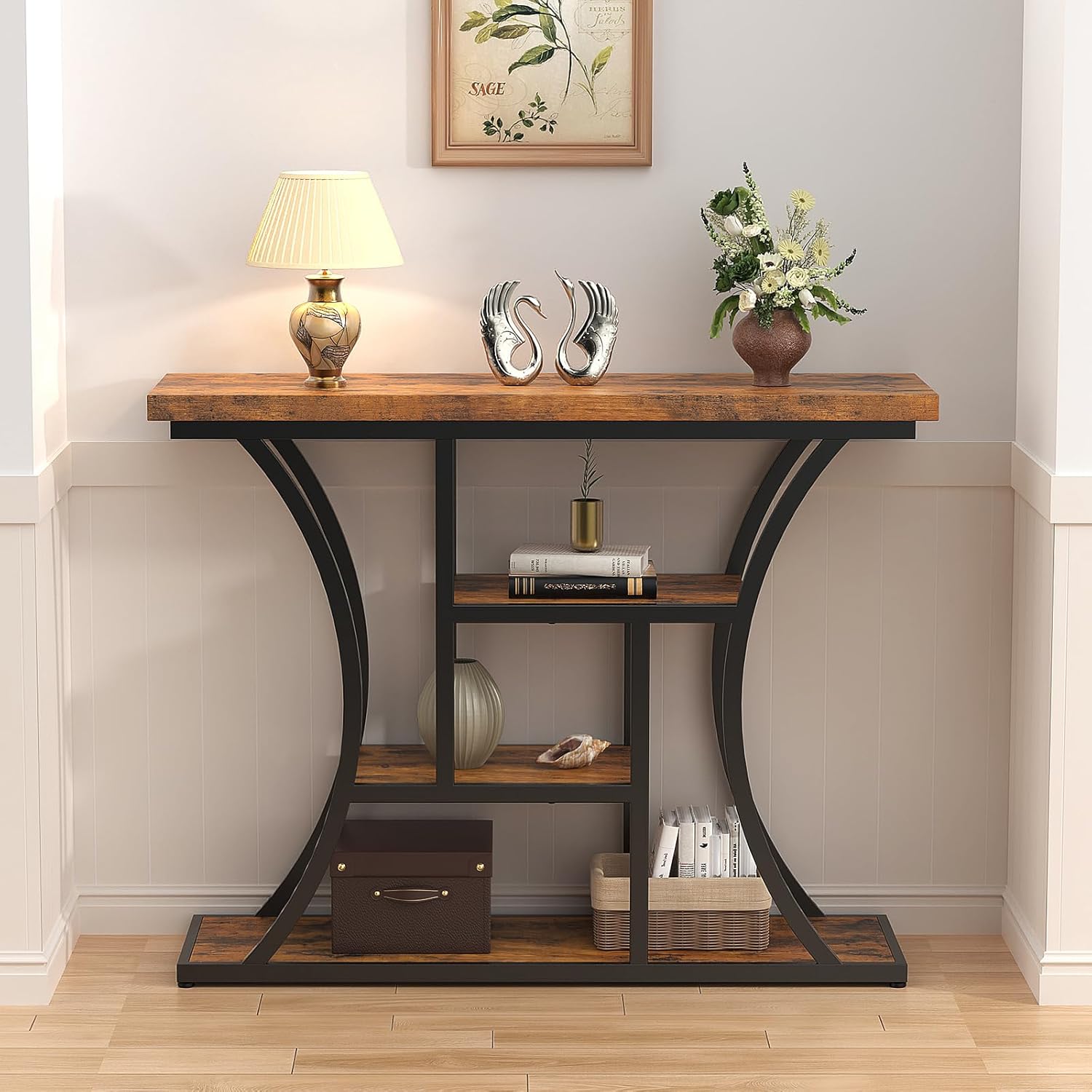 Vingud Console Table with Curved Frames and 3 Open Shelves, Entryway Table for Hallway Entrance Living Room, Rustic Brown + Black 41 inches