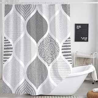 JAWO Grey Shower Curtain, Gray Retro Bohemian Geometric Fabric Shower Curtains Set for Bathroom Decorative, Boho Modern Abstract Paisley Restroom Decor Accessories with Hooks 72X72 Inch