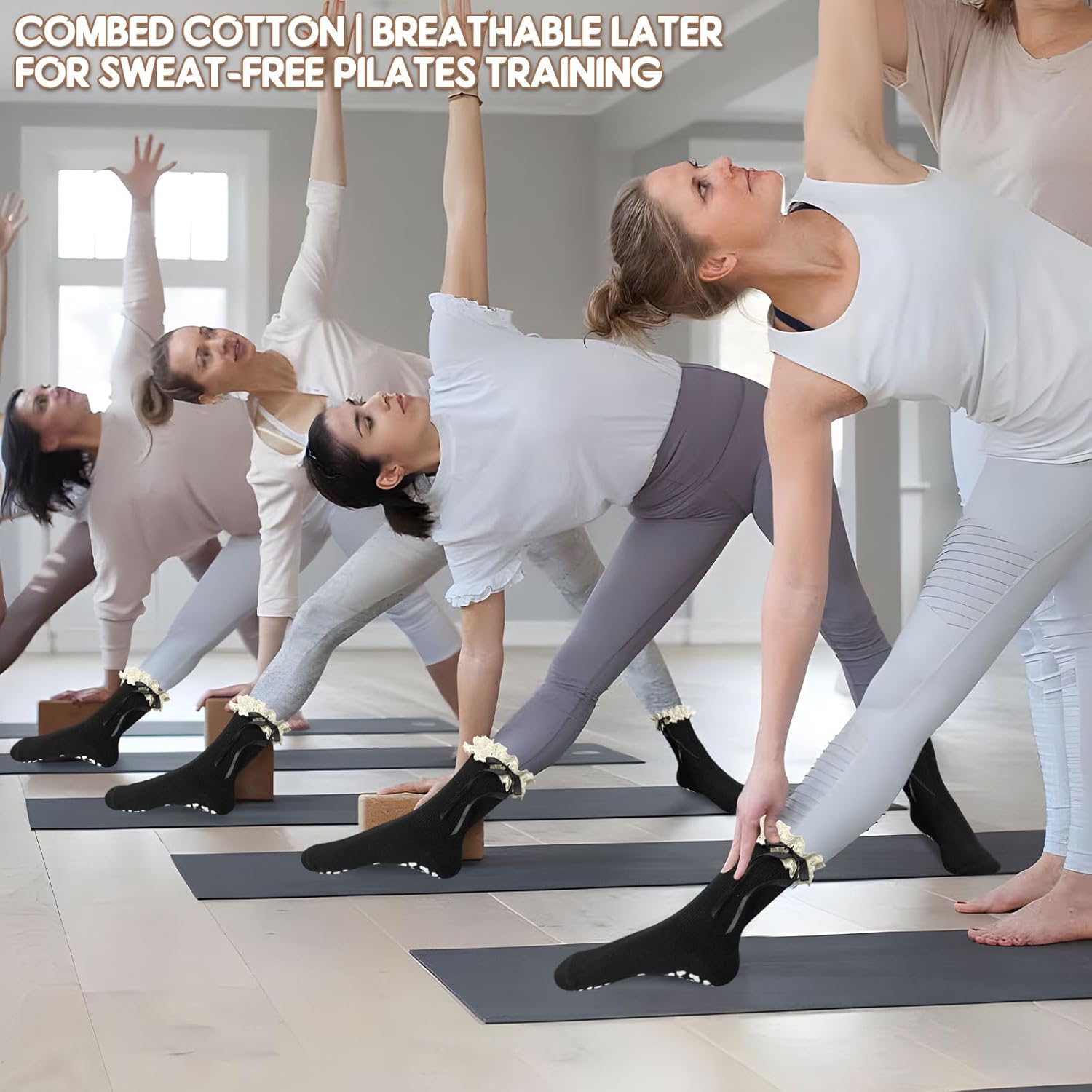 4 Pairs Cute Pilates Grip Socks for Women Ruffle Frilly Bow Non Slip Grip Socks for Yoga, Barre, Barefoot - Image 2