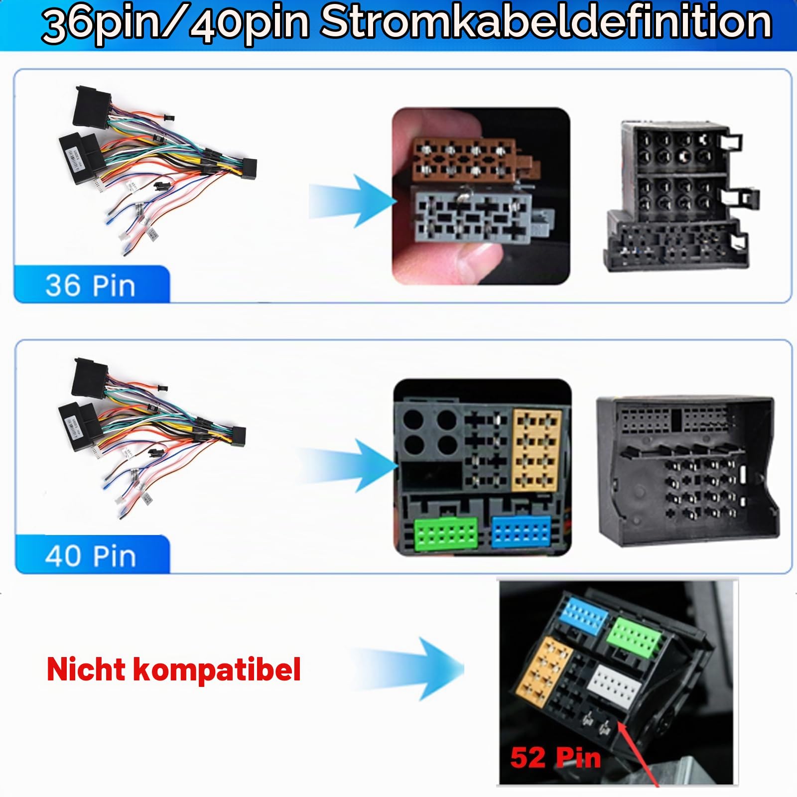 Hodozzy ISO Adapterkable 36 Pin 40 Pin mit Canbus für VW Skoda Seat Golf 5 6 Polo Passat Altea Touran Tiguan Autoradio ISO Stecker für Android Autoradio mit Lenkradsteuerung und Rückwärtssteuerleitung