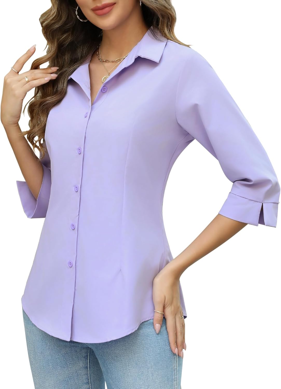 HOTOUCH Women Button Down Shirts 3/4 Sleeve Basic Business Dress Shirt Slim Fitted Classic V Neck Button Up Work Blouse Tops