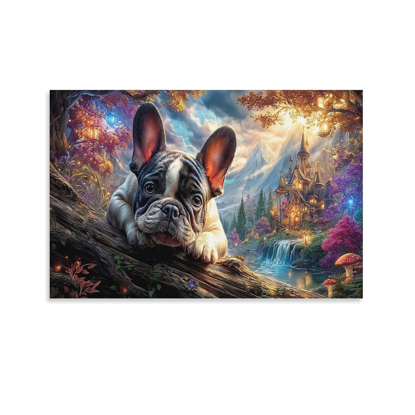 XPASHIQWC French Bulldog Wall Decor Poster Forest Castle Canvas Prints Picture Modern Canvas Wall Art Picture Wall Hanging for Dining Room Kitchen Home Office Decor 20x30inch(50x75cm)