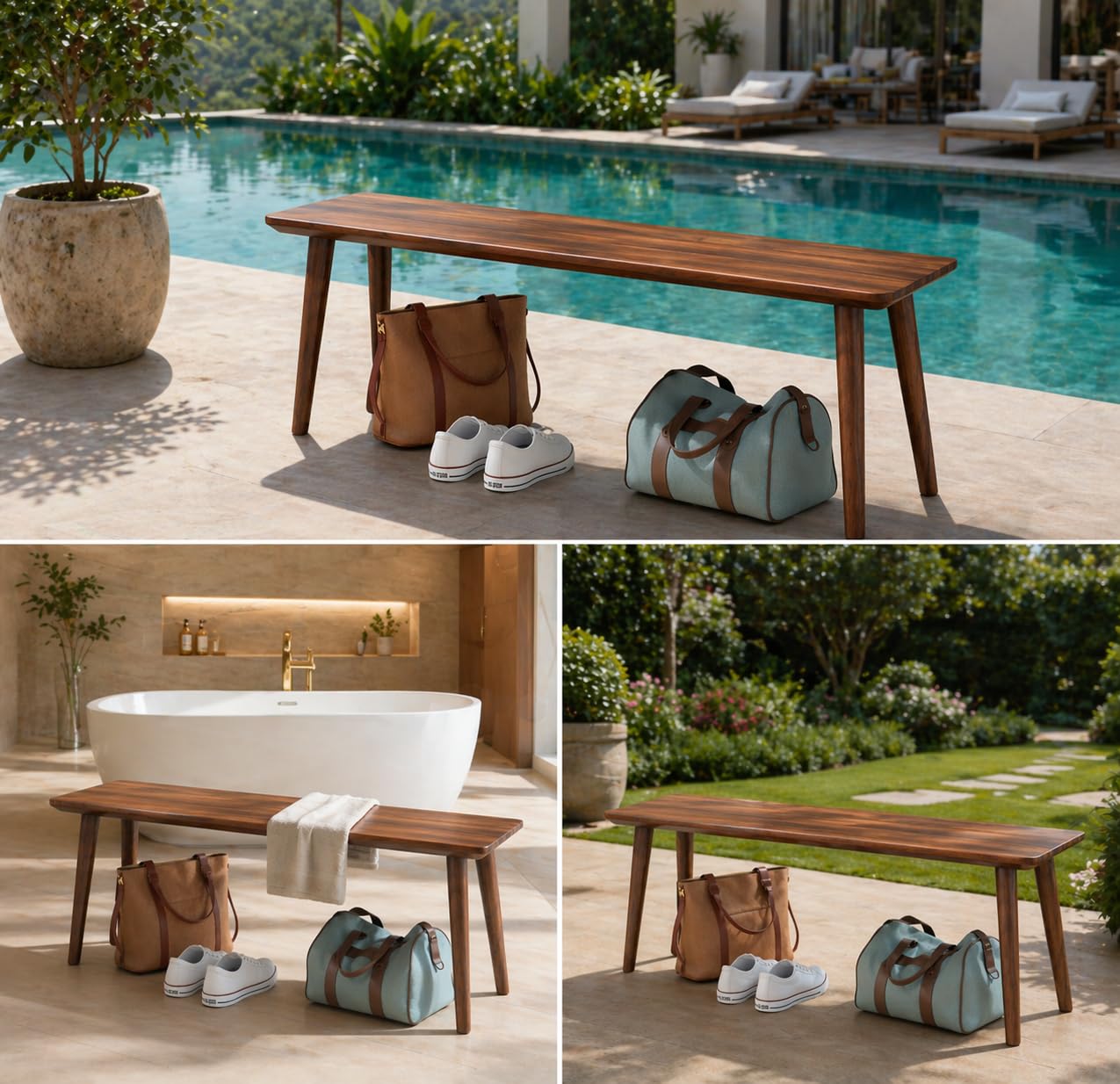 Craftsline 60cm Long Living Room Benches - Wooden Upholstered Seating for Home & Office - Solid Wood Bench for Dining Table (Walnut, 60 x 30 x 45) 2