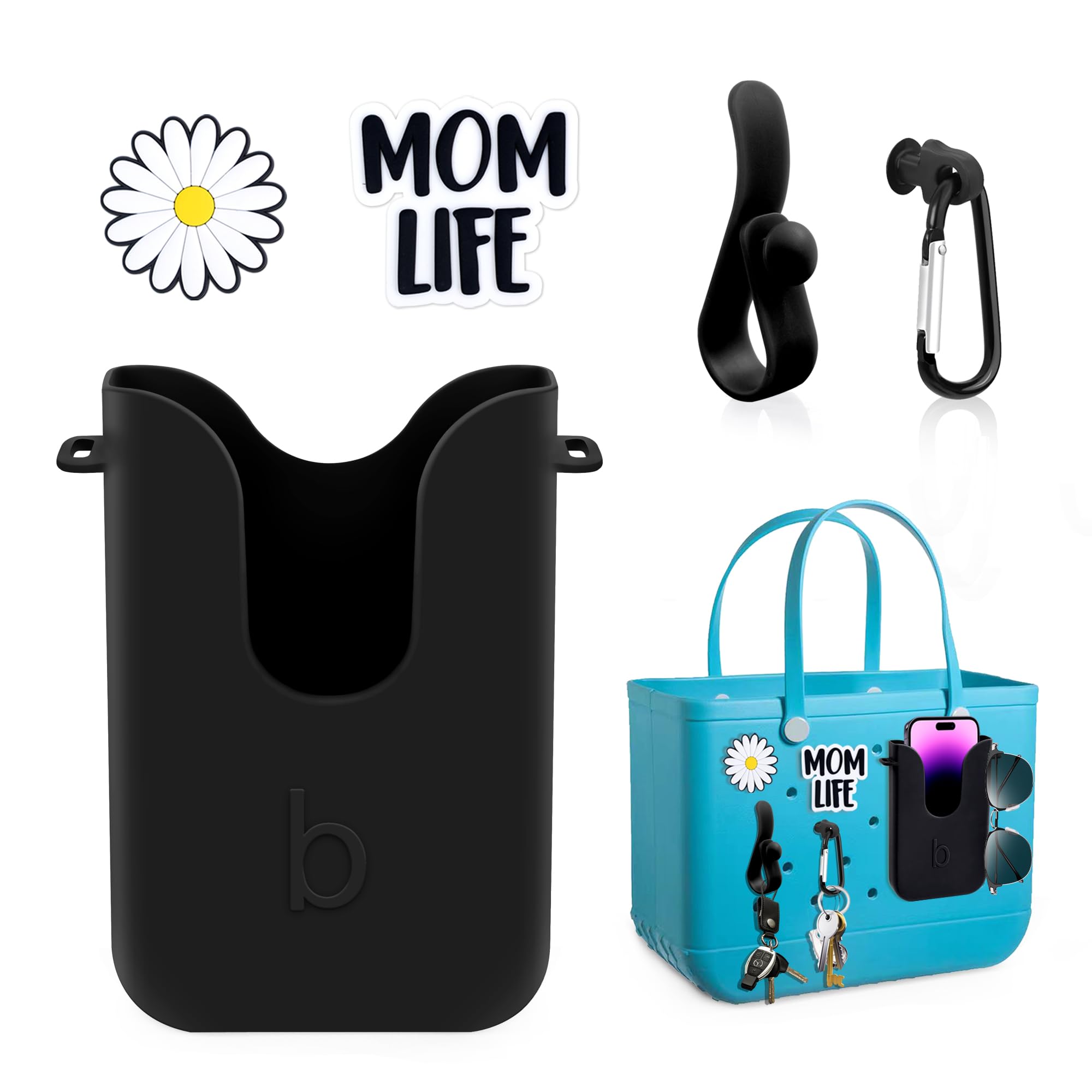Oudizz Silicone Phone Holder Compatible with Bogg Bag, Phone Case Holder Charms Accessory for All Beach Totes, Bogg Bag Accessories, with 2Pcs Charms & 2Pcs Key Hooks, Black