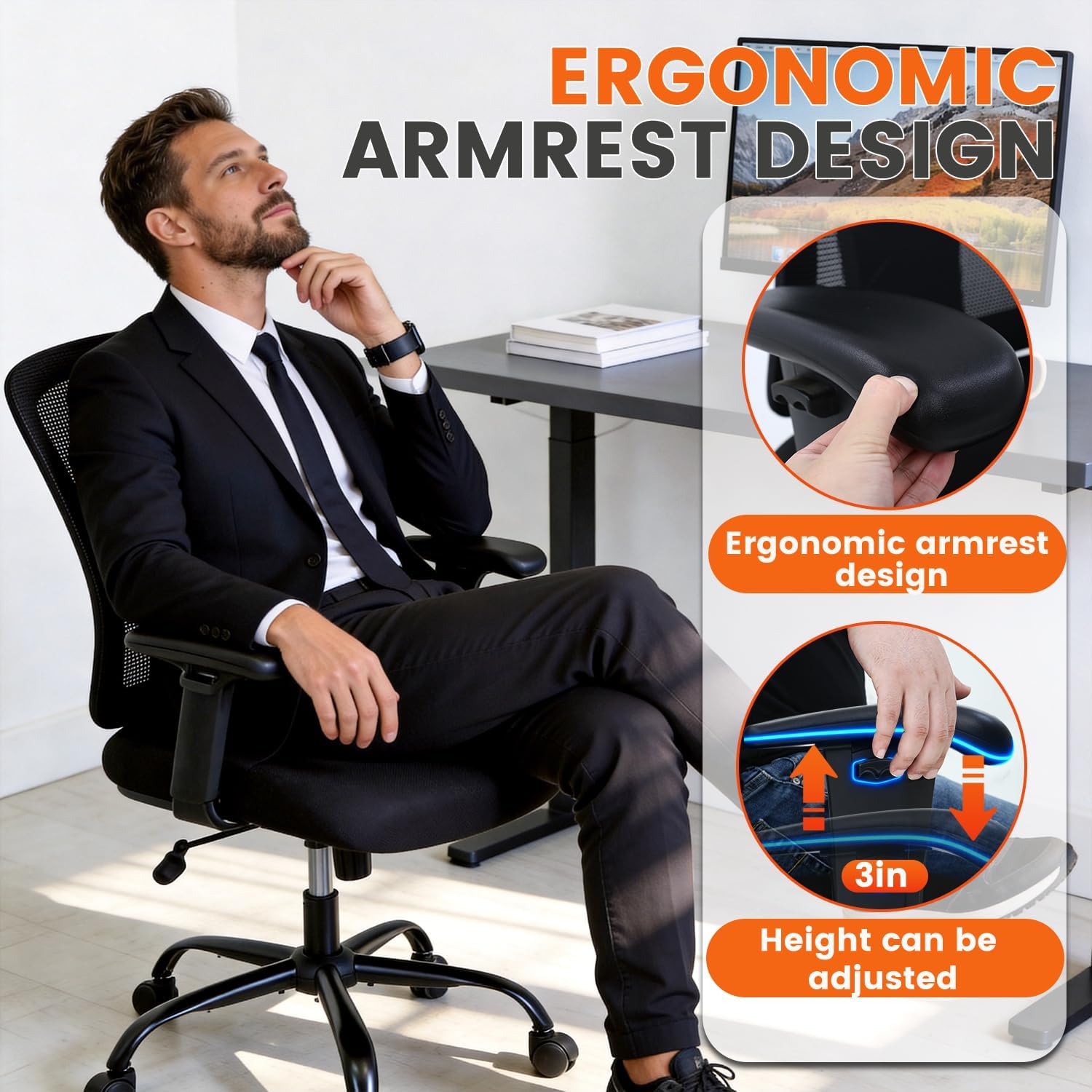 Big and Tall Office Chair 400lbs Wide Seat Desk Chair Computer Chair with Lumbar Support Adjustable Arms Task Rolling Swivel Mesh Executive High Back Ergonomic Chair for Adults Women,Black