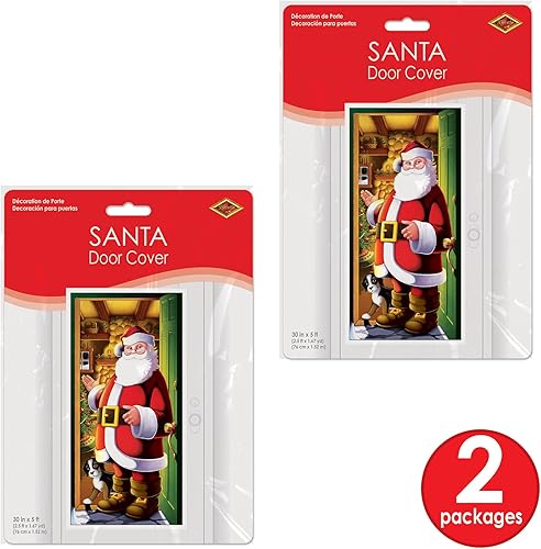 Miniatura 6 de Beistle Cubiertas de puerta de Papá Noel, 5 x 30 pulgadas, 2 piezas, plástico para uso en interiores y exteriores, estampado de San Nicolás, fácil