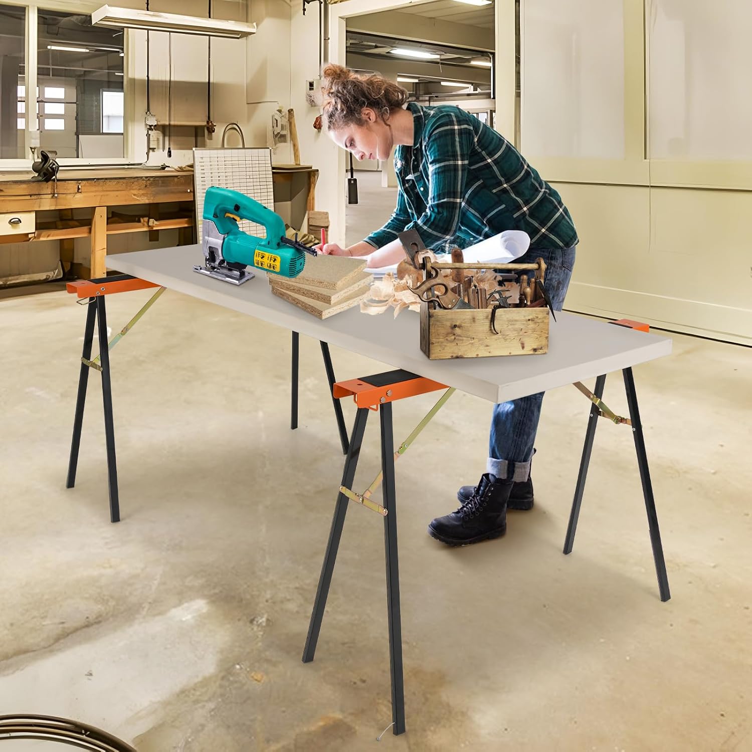 2 Pack Folding Sawhorses, Heavy Duty Metal Saw Horse with Pre-Drilled Holes, Handle & Non-slip Top, Portable & Collapsible Saw Horses for Woodworking Carpenters, Contractors