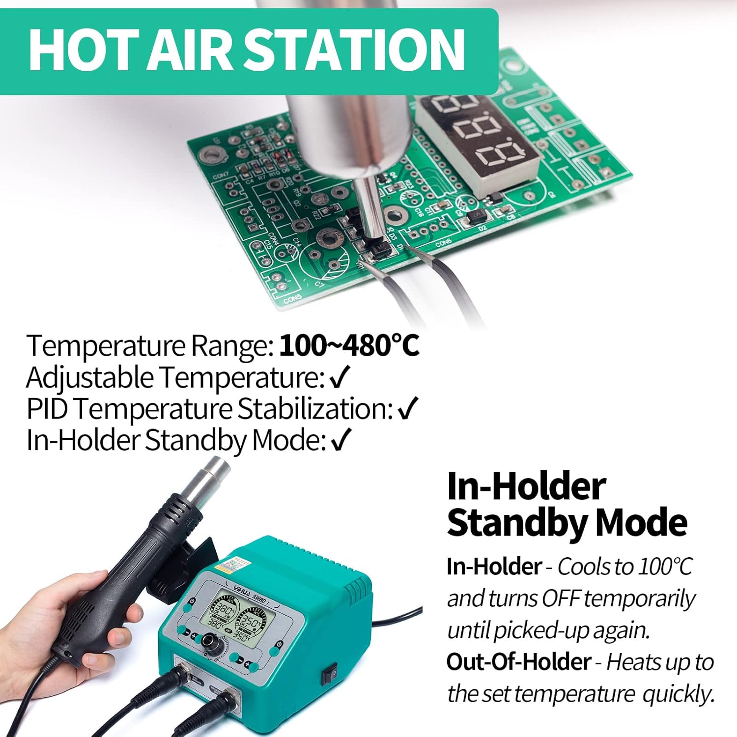 Hot air station in-holder standby mode, showing the hot air gun in its holder and the display indicating standby temperature