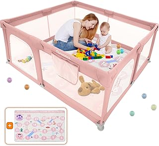 Baby Playpen, Baby Playpen with Mat, Playpen for Babies and Toddlers 71" L x 60" W x 26" D Indoor Large Playpen Safety Baby Fence Play Area, Valentines Day Gifts for Kids (Pink)
