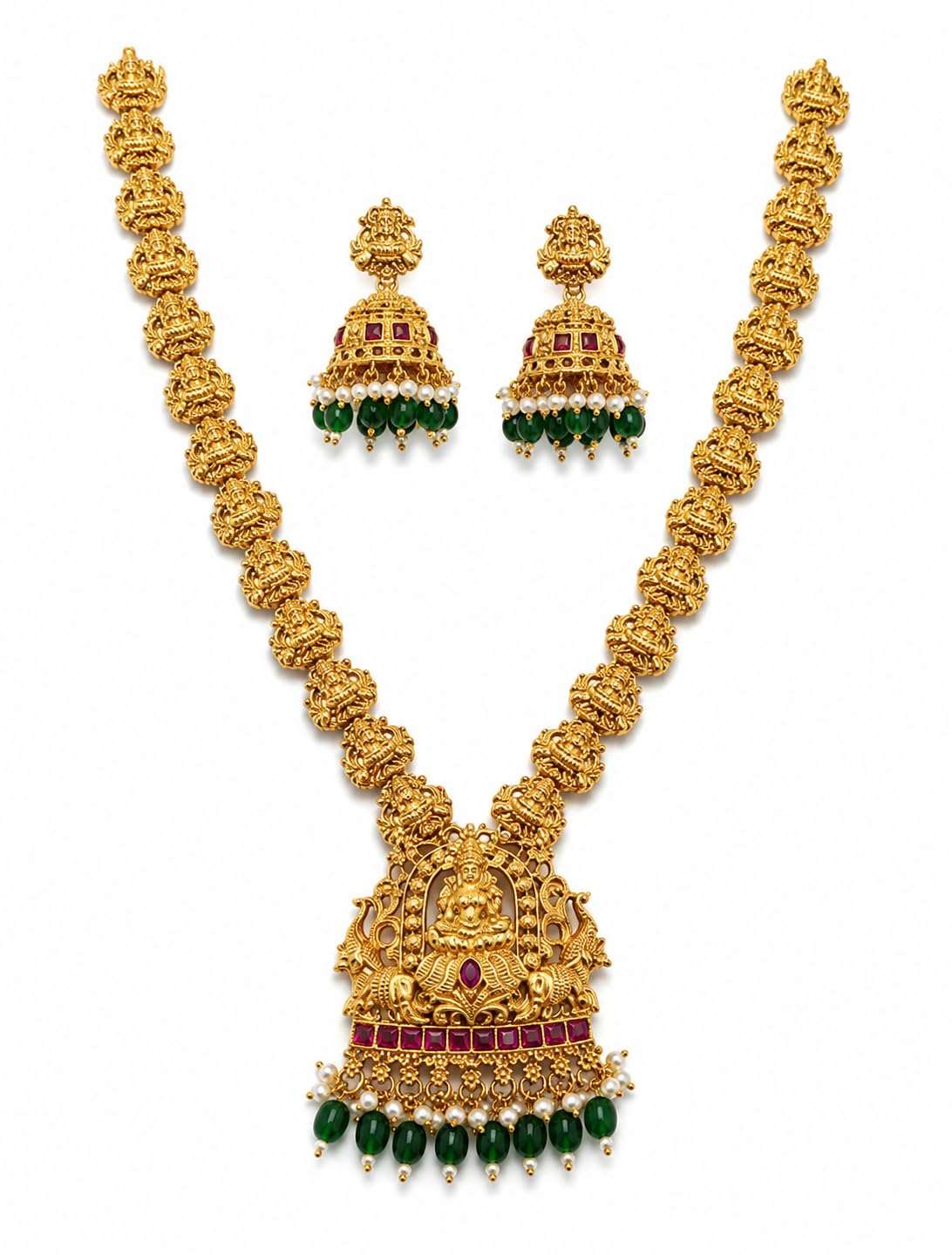 Traditional Temple Jewellery Set for Women Gold Plated Lakshmi Long Haram Necklace with Jhumka Earrings, Green Beads & Ruby Stone Ethnic Bridal Wedding Jewellery-image-16
